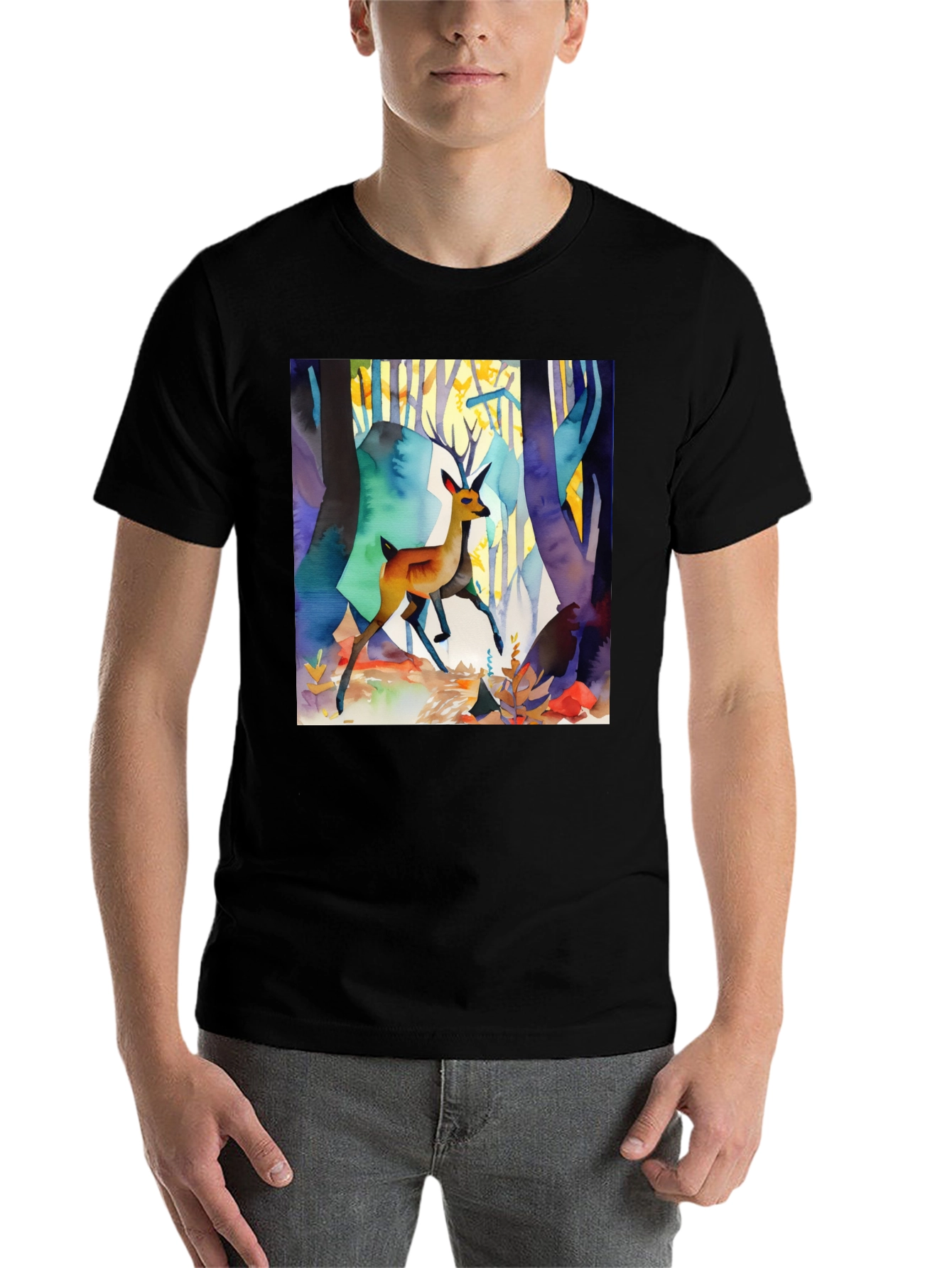 Black Watercolor Deer Forest Print Black T-Shirt view 7
