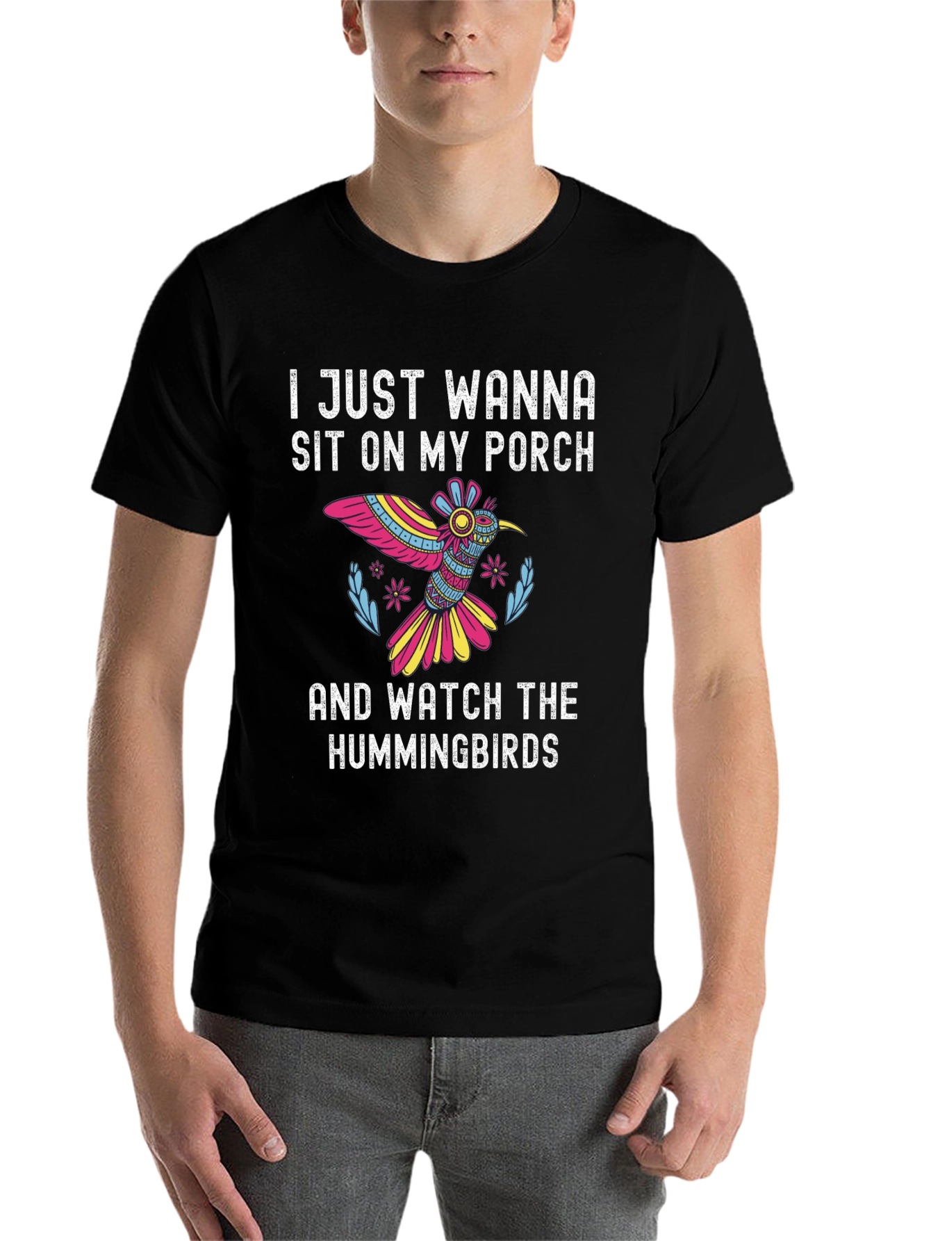 Black Hummingbird Porch T-Shirt - Relax & Watch! view 7