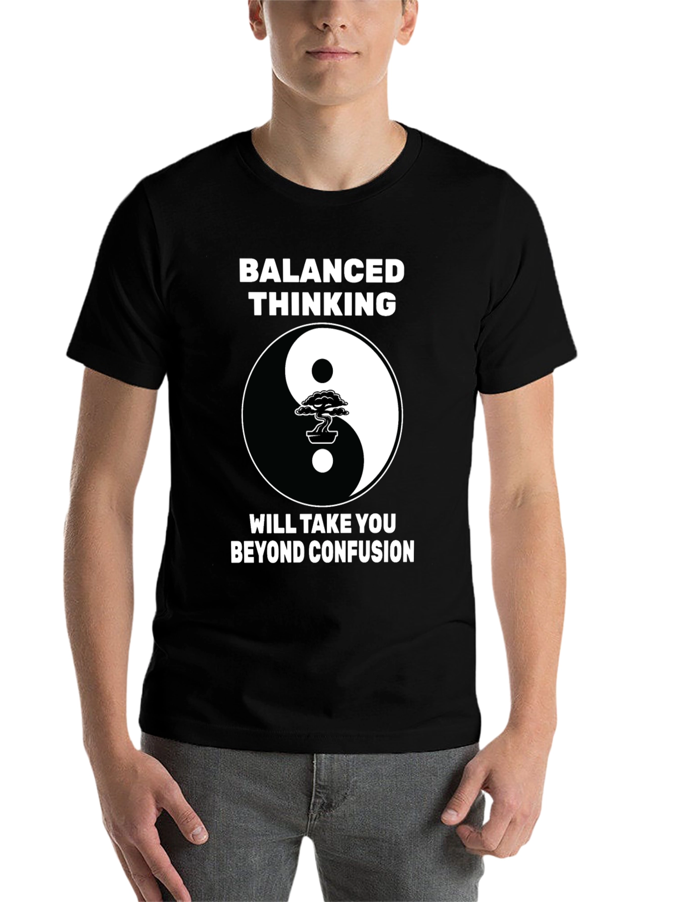 Black Balanced Thinking Yin Yang Bonsai Tree Graphic T-Shirt view 7