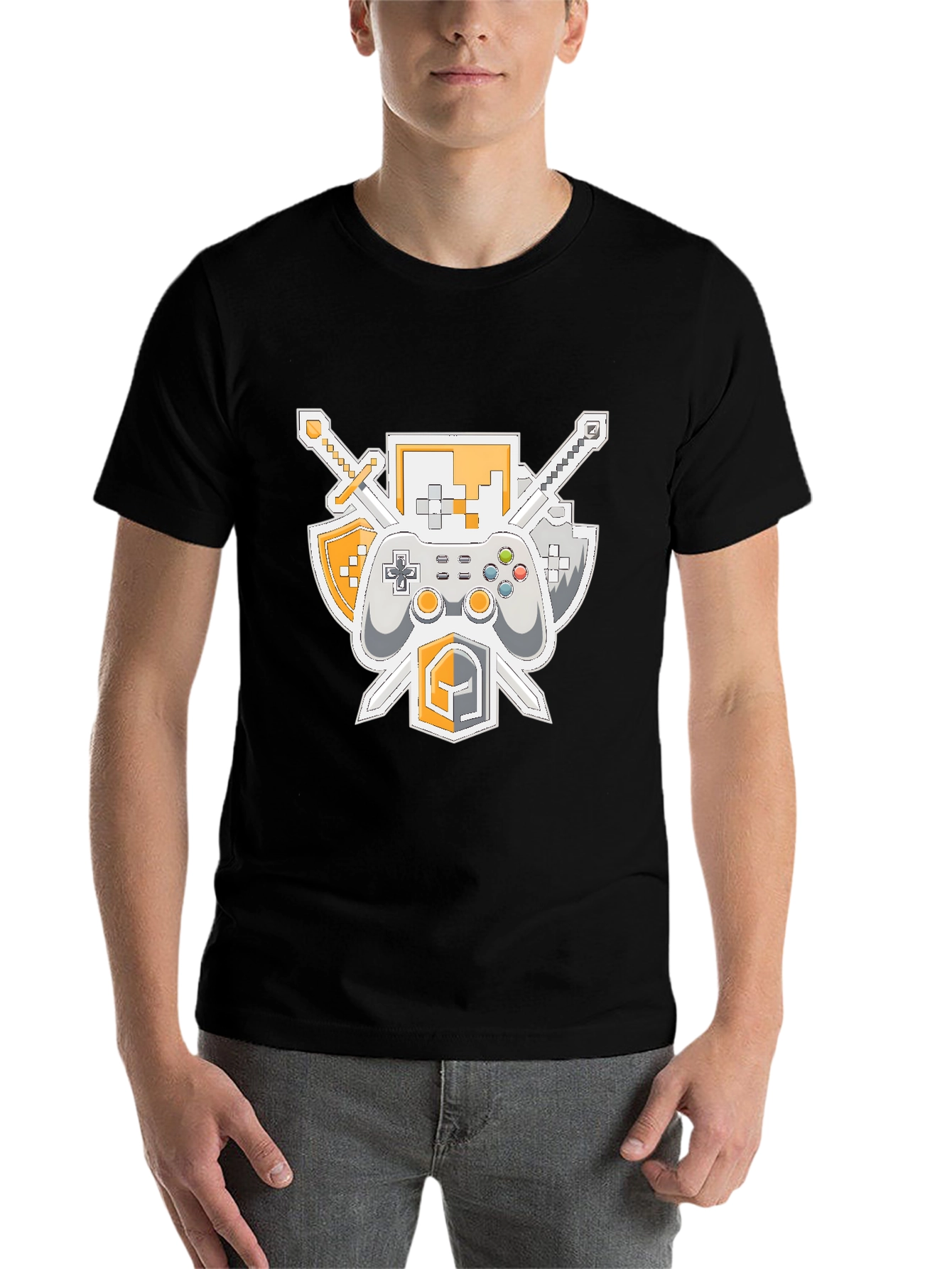 Black Gamer's Crest T-Shirt - Swords, Controller, & Shield Design view 7
