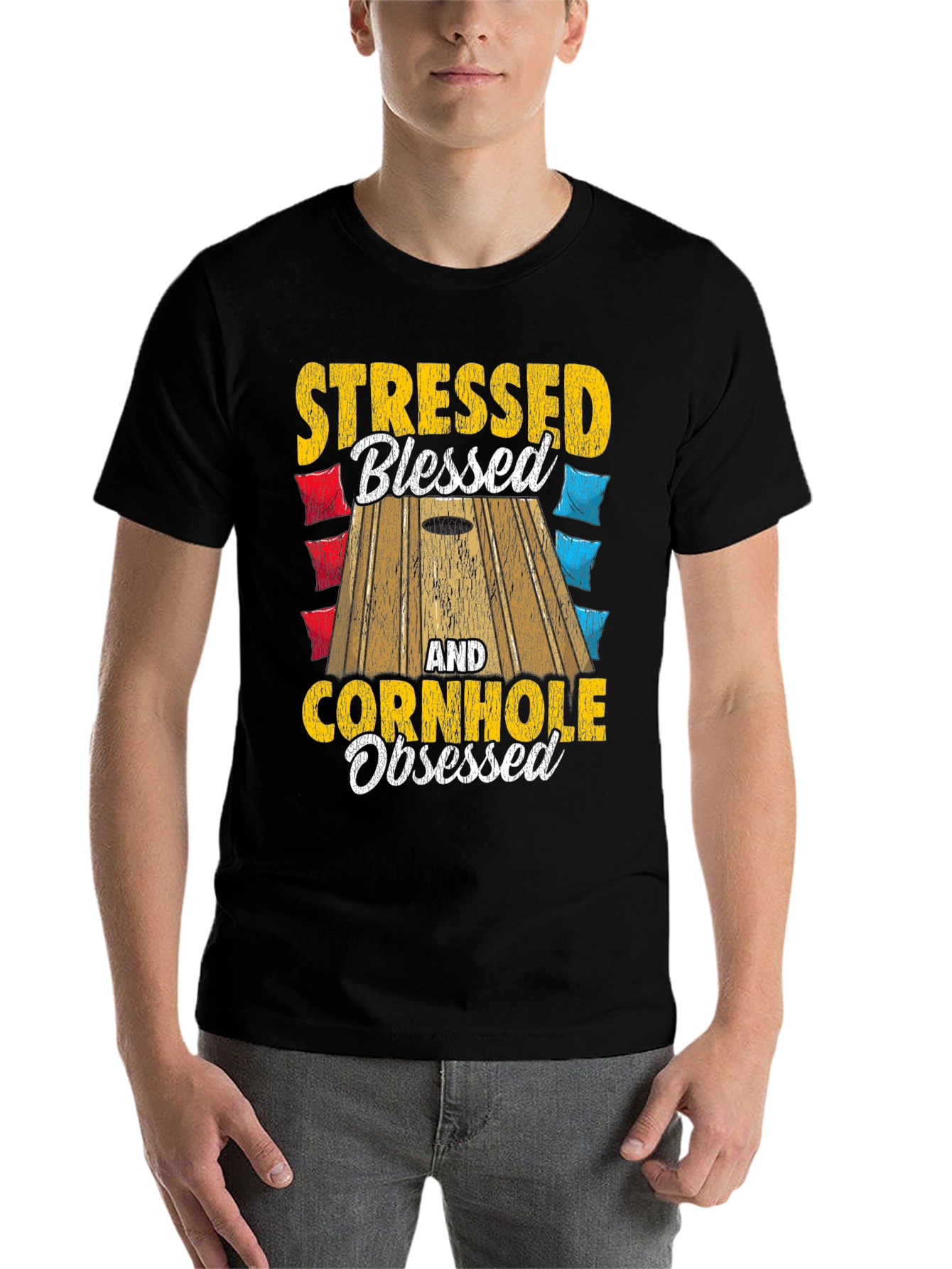 Black Stressed Blessed Cornhole Obsessed Graphic Tee view 7
