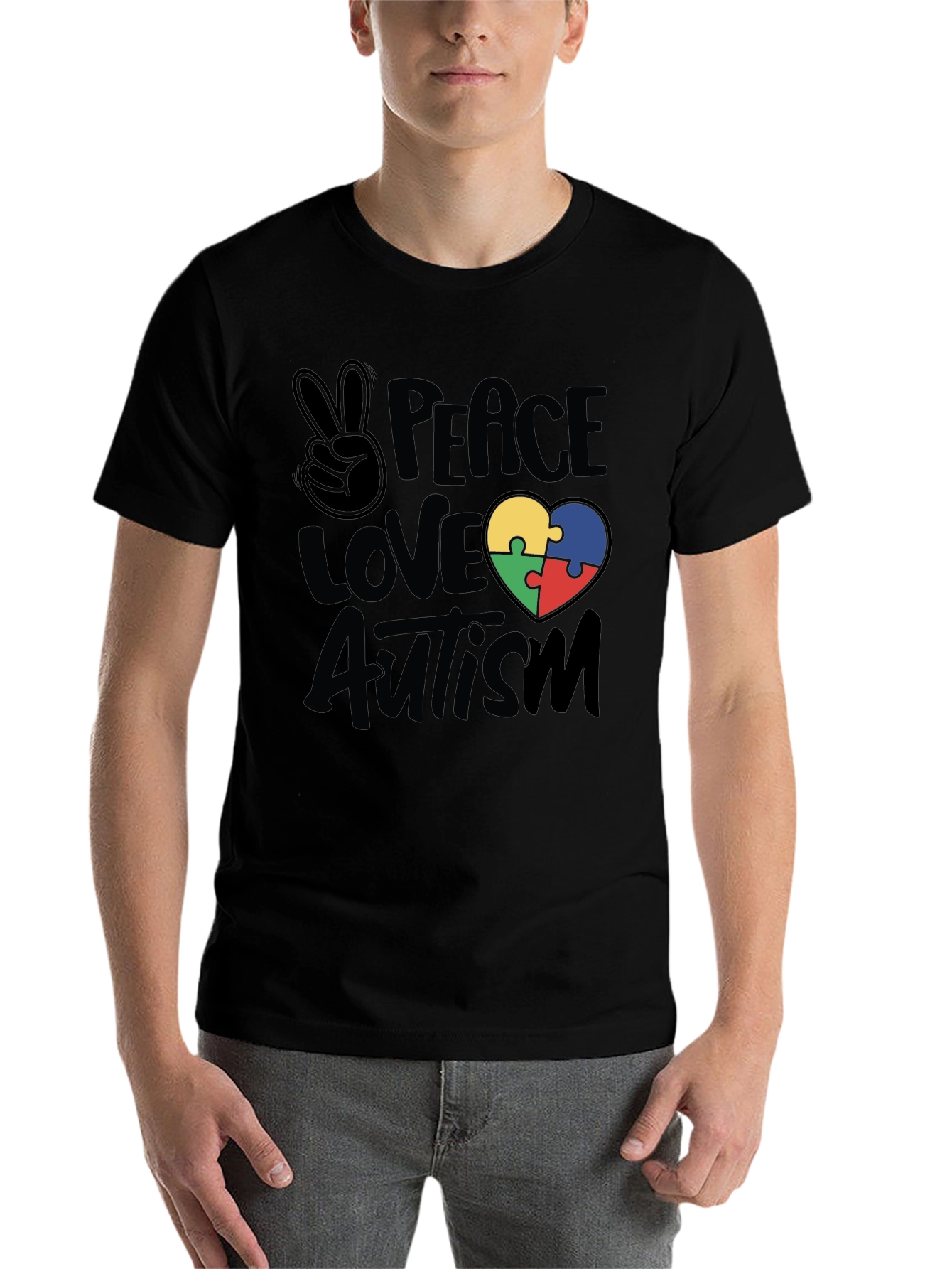 Black Peace Love Autism Puzzle Heart T-Shirt view 7