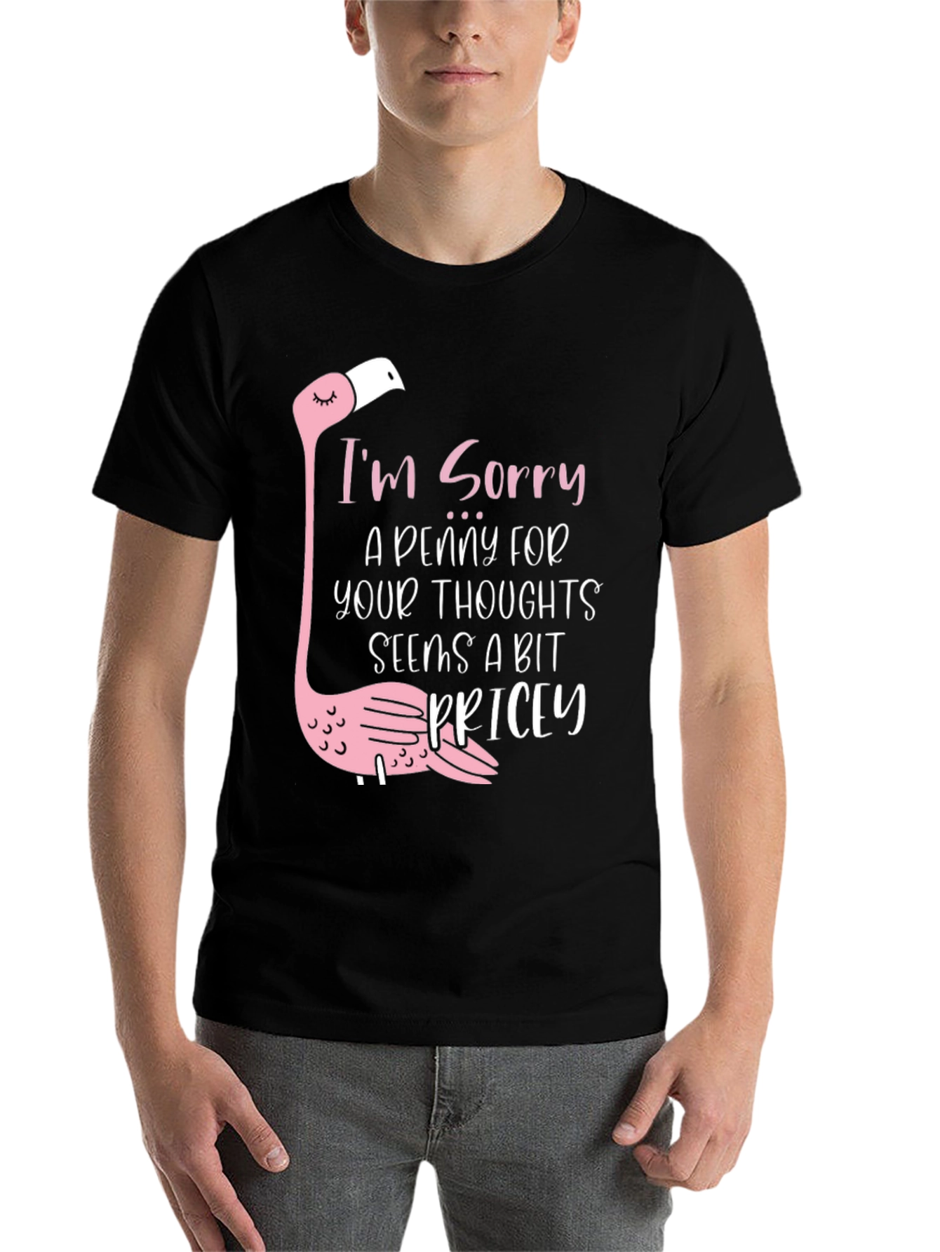 Black Funny Flamingo 'A Penny For Your Thoughts' Black T-Shirt view 7