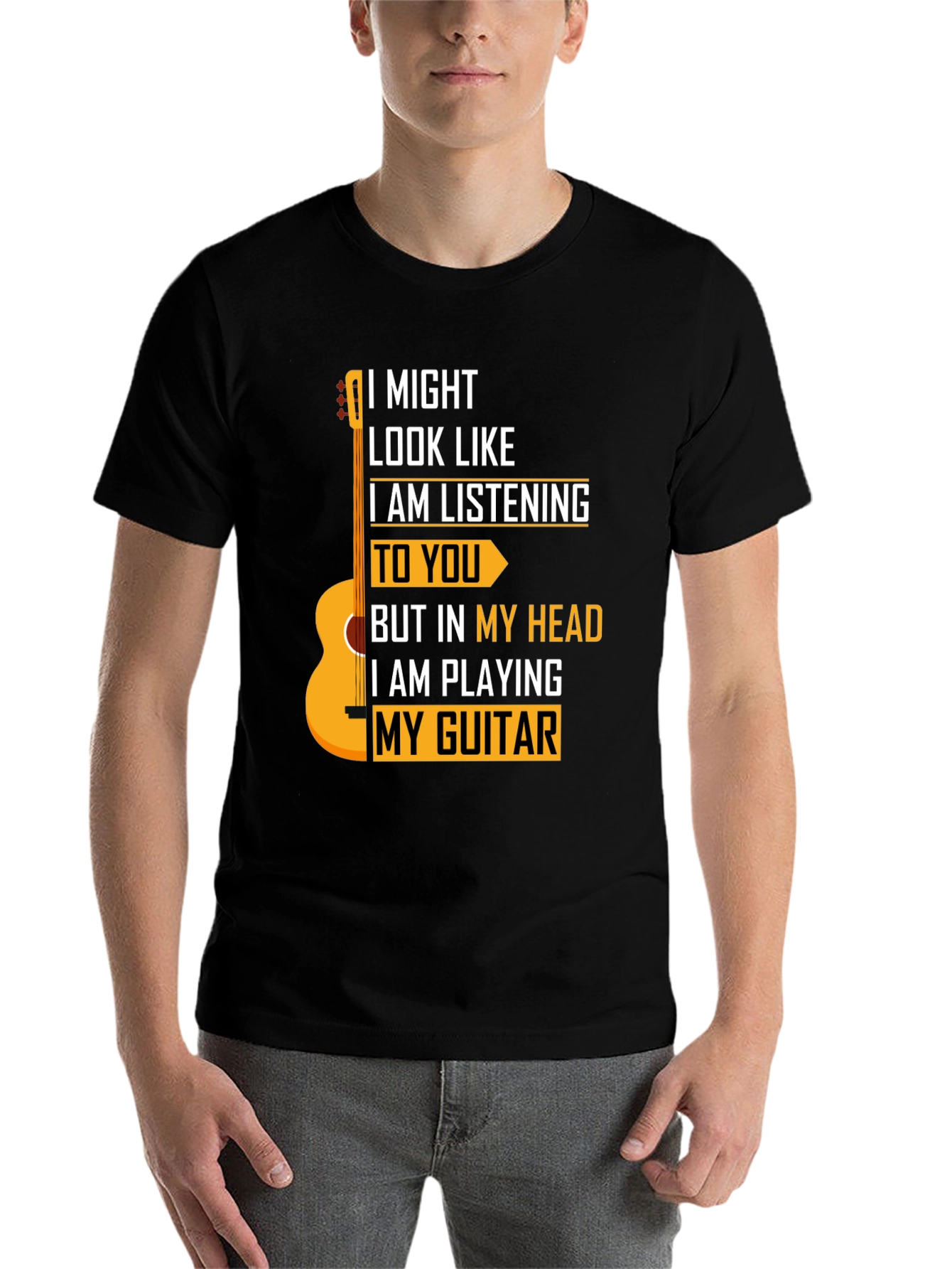 Black Guitarist T-Shirt - I Might Look Like I am Listening view 7