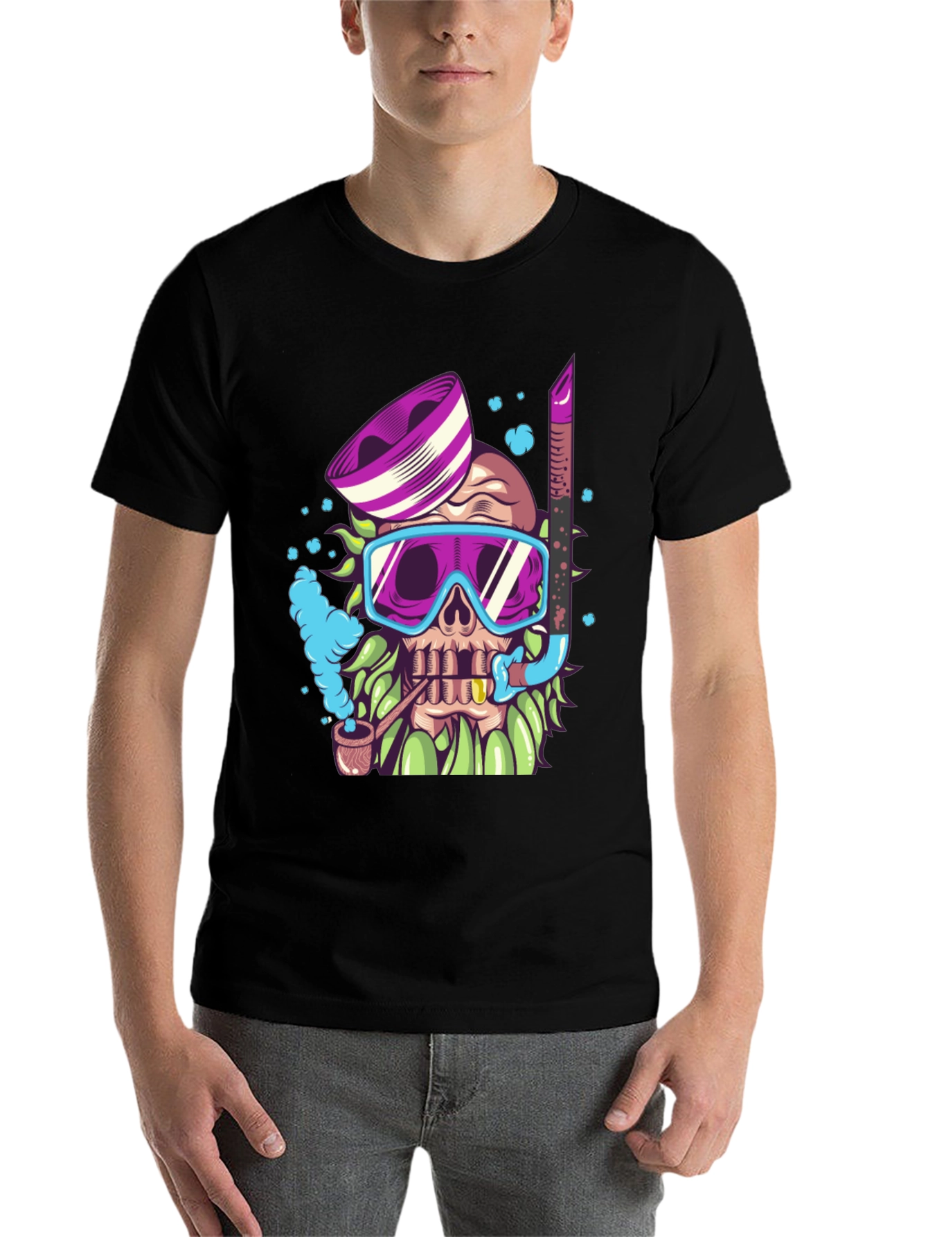 Black Diver Skull Graphic Tee - Black Cotton T-Shirt view 7