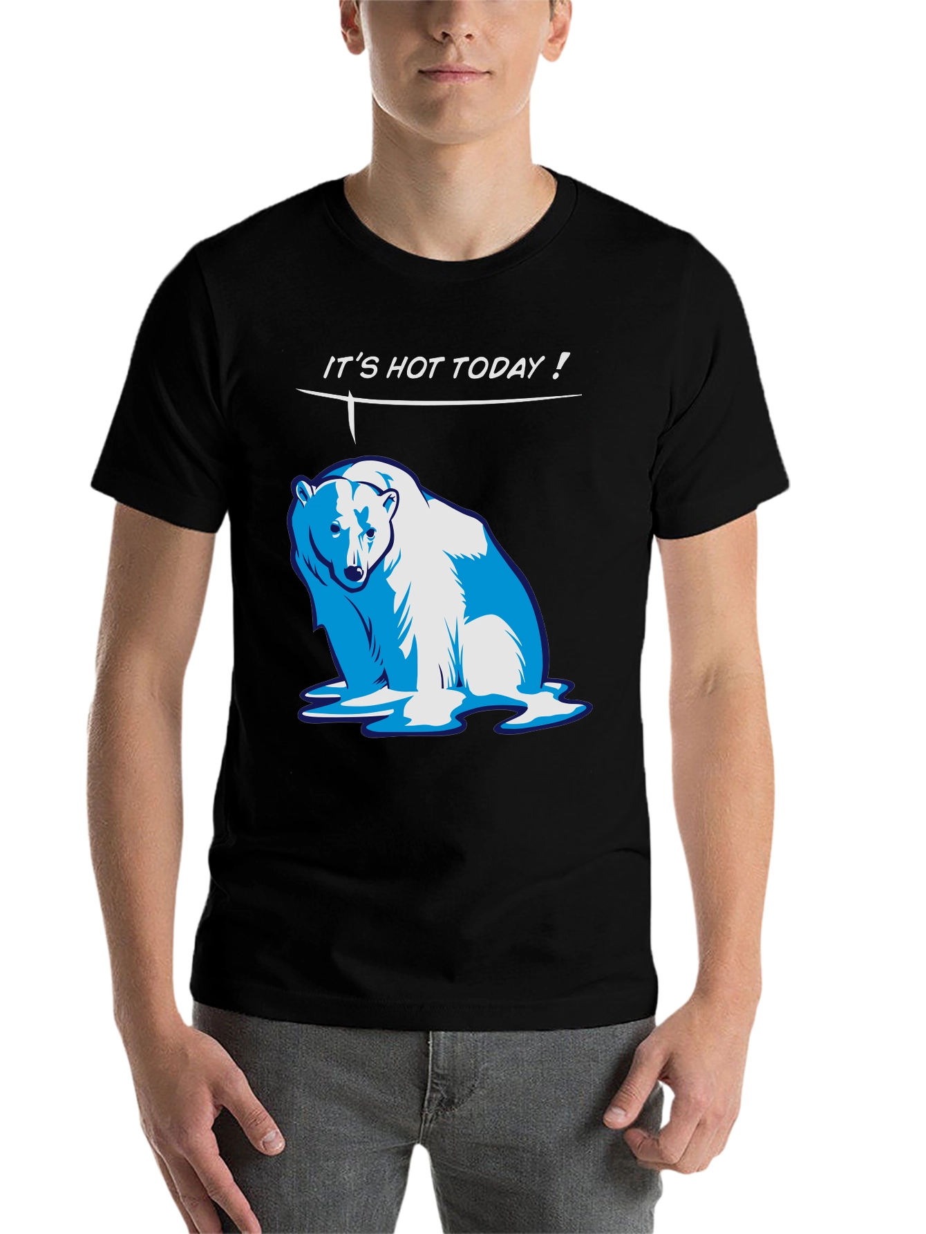 Black Funny "It's Hot Today!" Polar Bear Graphic T-Shirt view 7