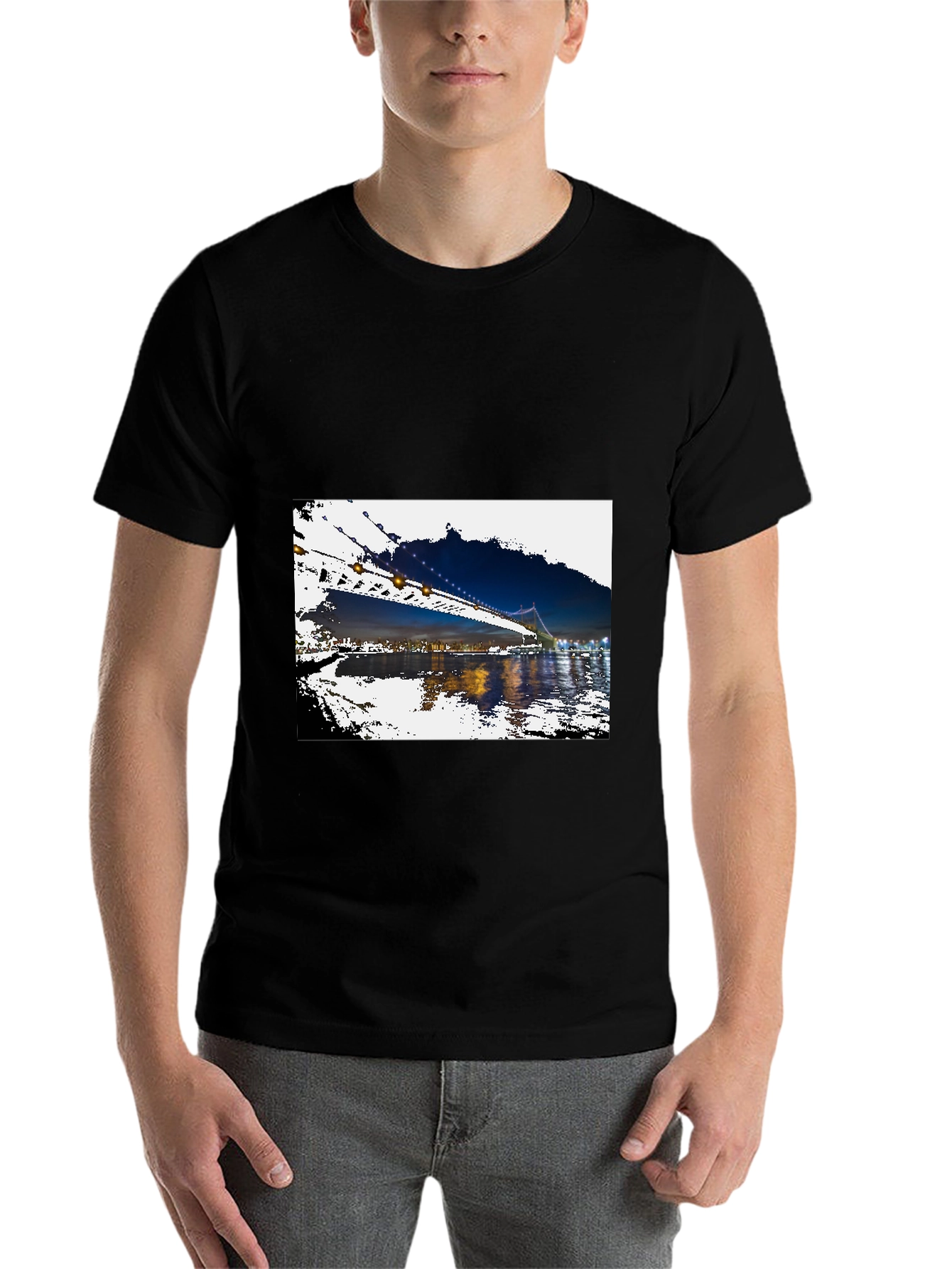 Black Night Bridge Print Black T-Shirt view 7