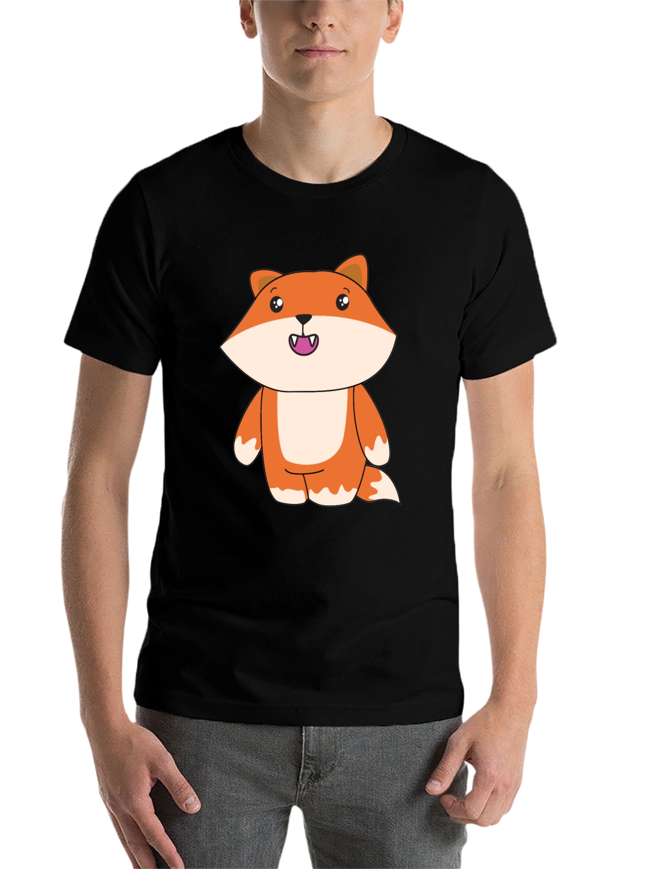 Black Cute Cartoon Fox Black T-Shirt view 7