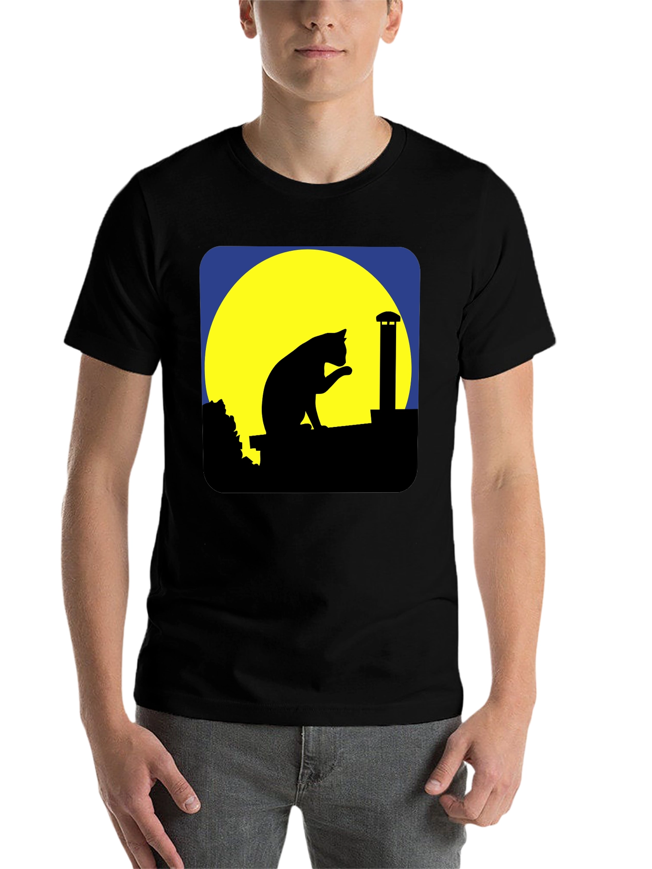 Black Cat On Rooftop Silhouette Graphic Tee - Black view 7