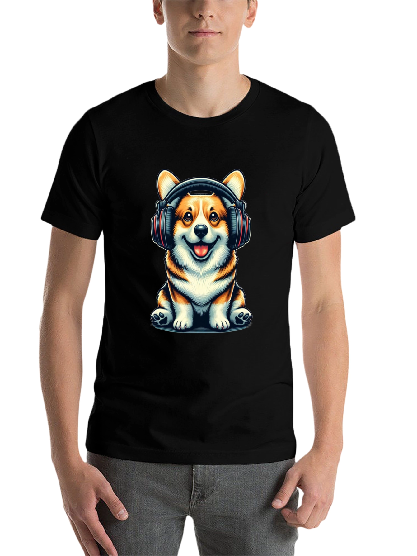 Black Corgi Headphones Graphic T-Shirt view 7