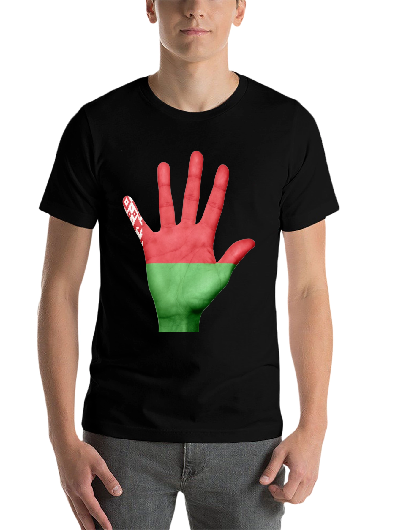 Black Belarus Flag Hand Print Black T-Shirt view 7