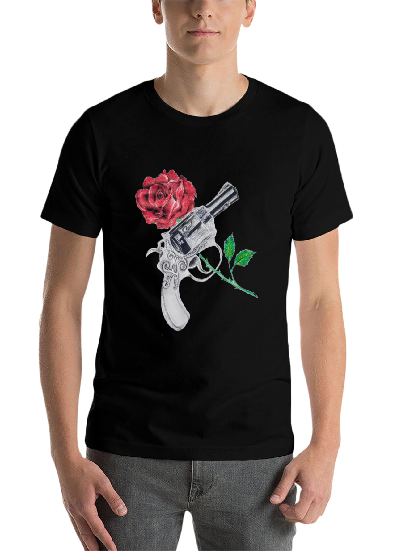 Black Gun and Rose Graphic Black T-Shirt view 7