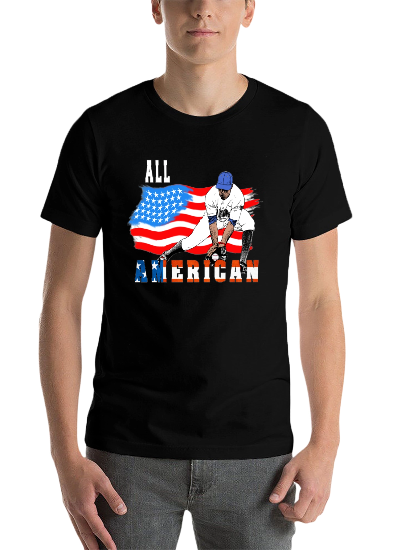 Black All American Baseball T-Shirt - Patriotic USA Flag Design view 7