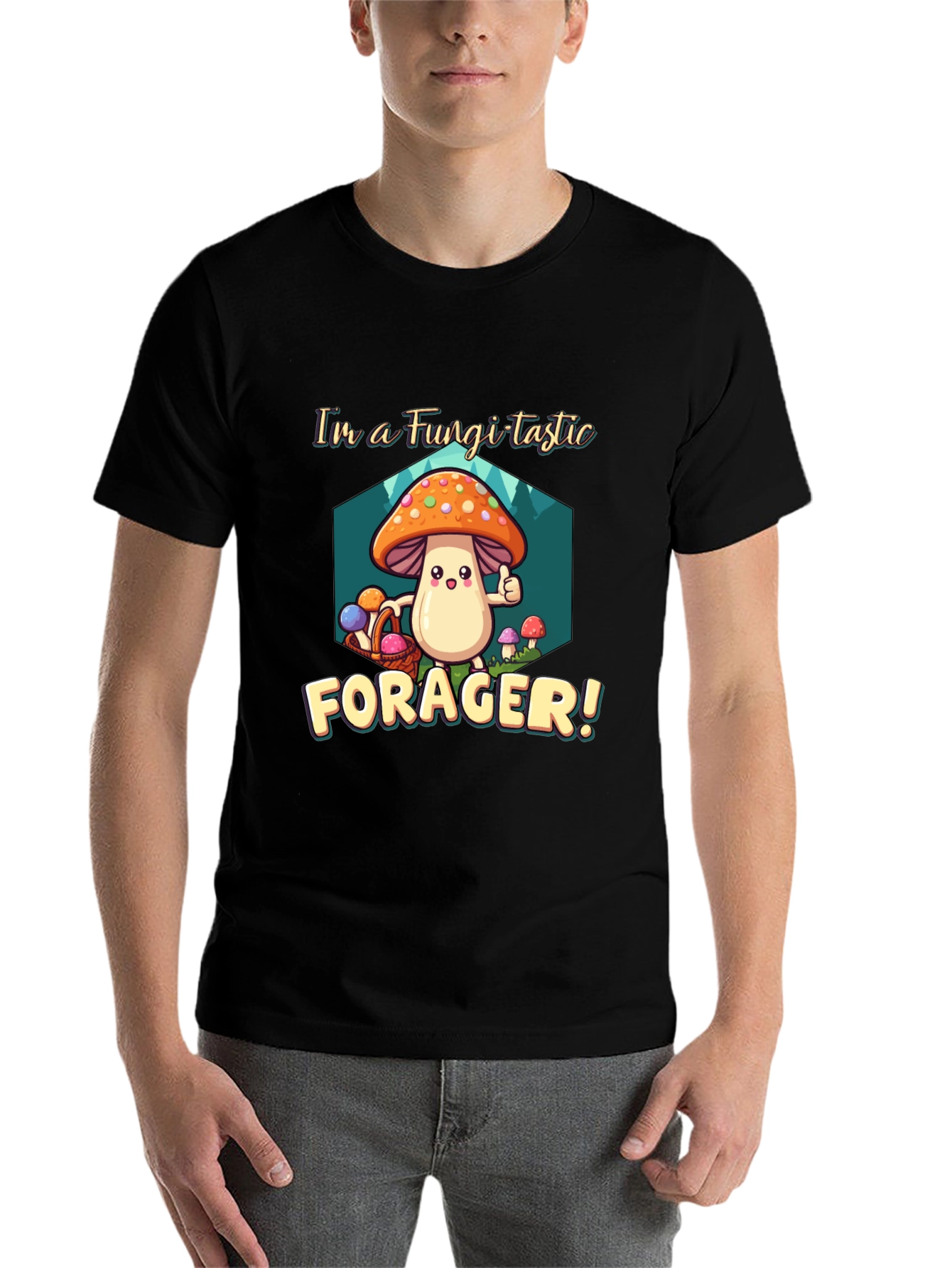 Black Fungi-tastic Forager T-Shirt - Fun Mushroom Design view 7