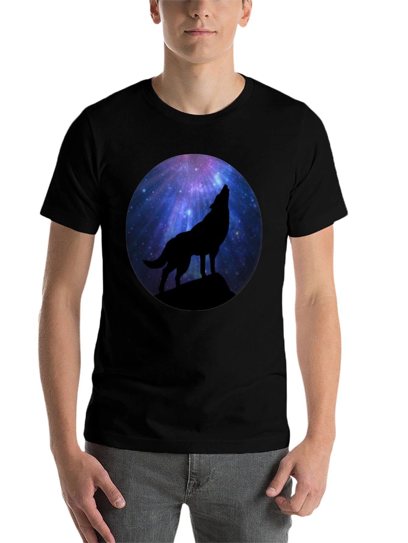 Black Wolf Howling at Galaxy Moon Men's Black T-Shirt view 7