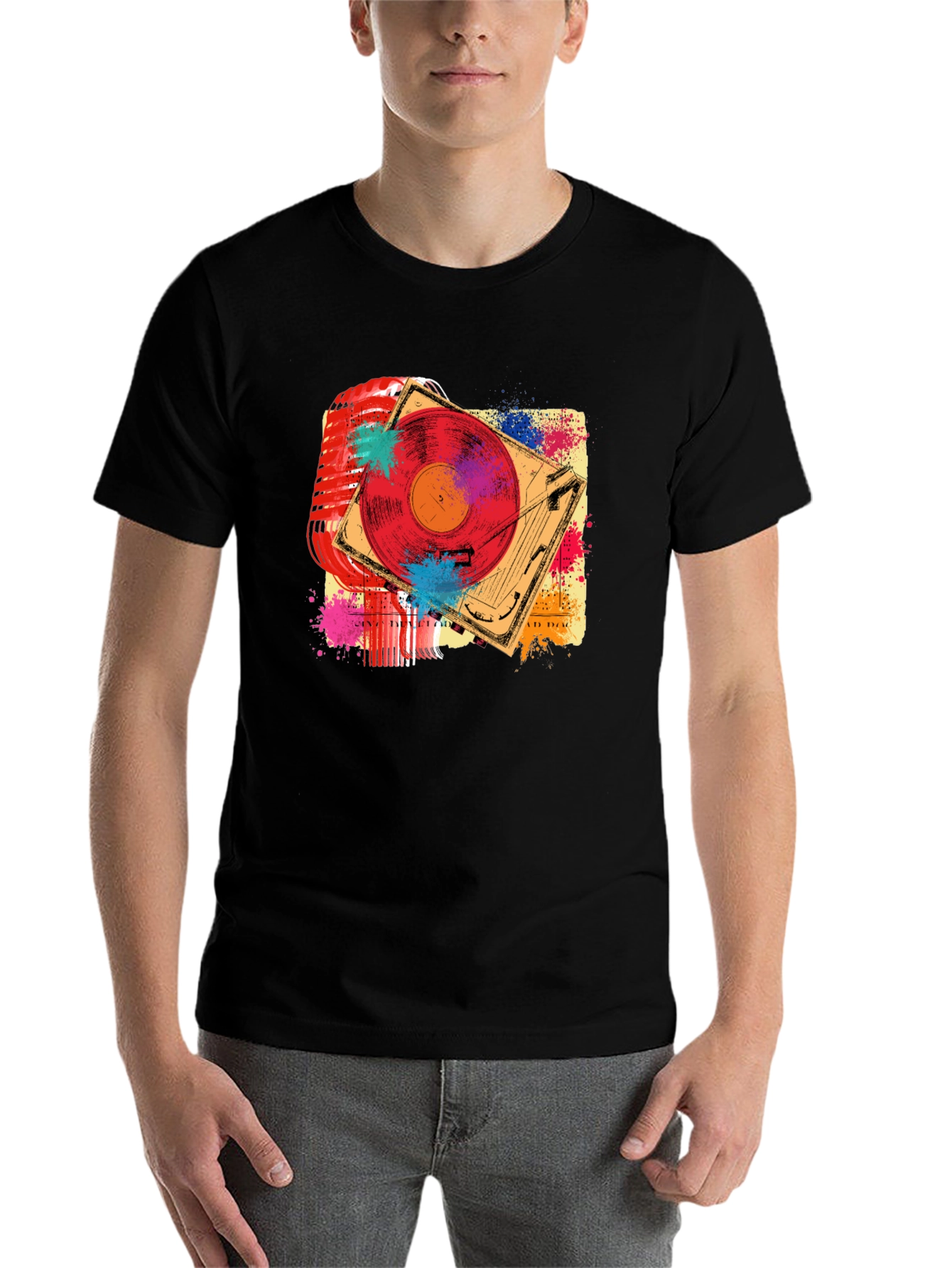 Black Retro Music T-Shirt - Microphone & Turntable Design view 7