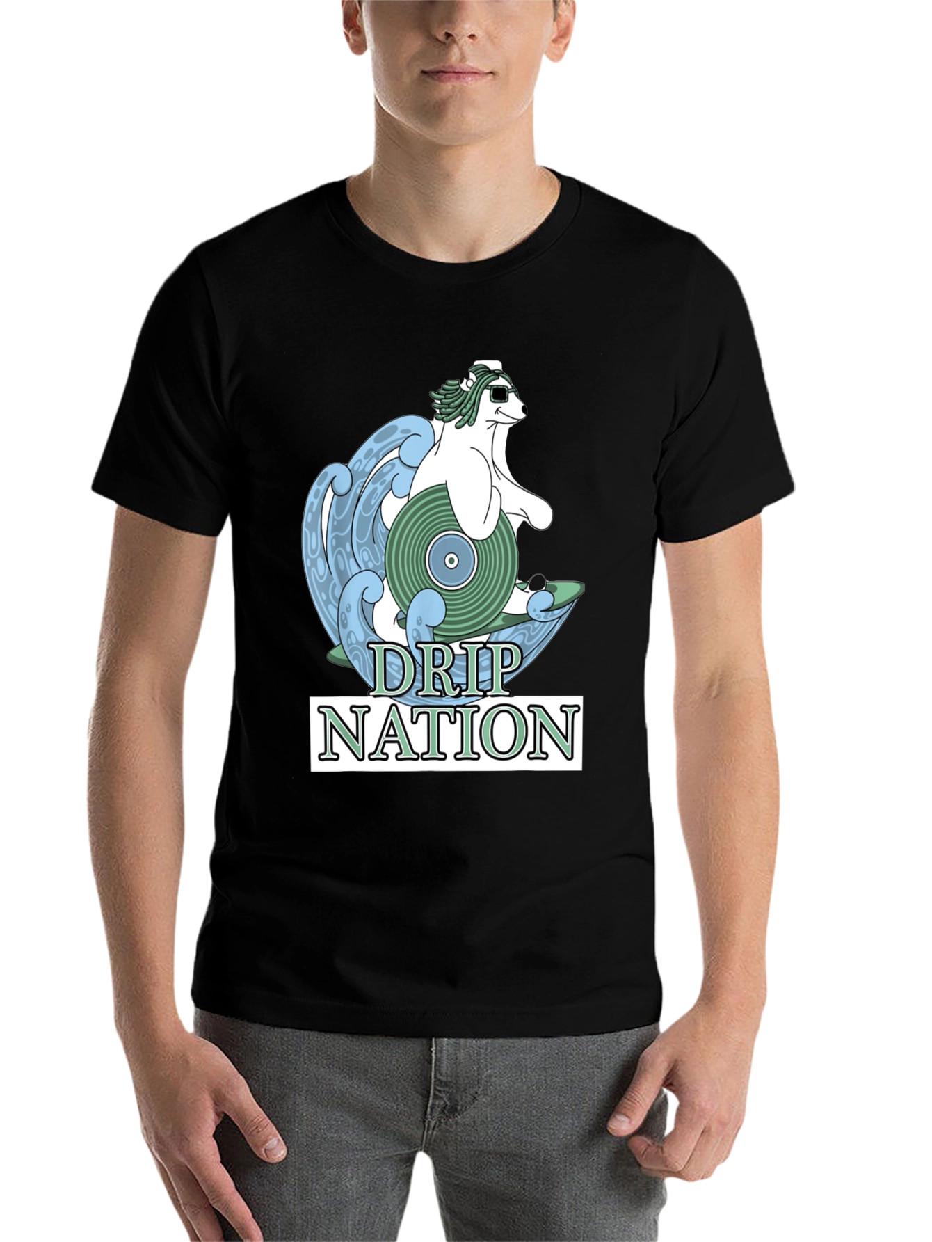 Black Drip Nation Polar Bear Surfing T-Shirt view 7