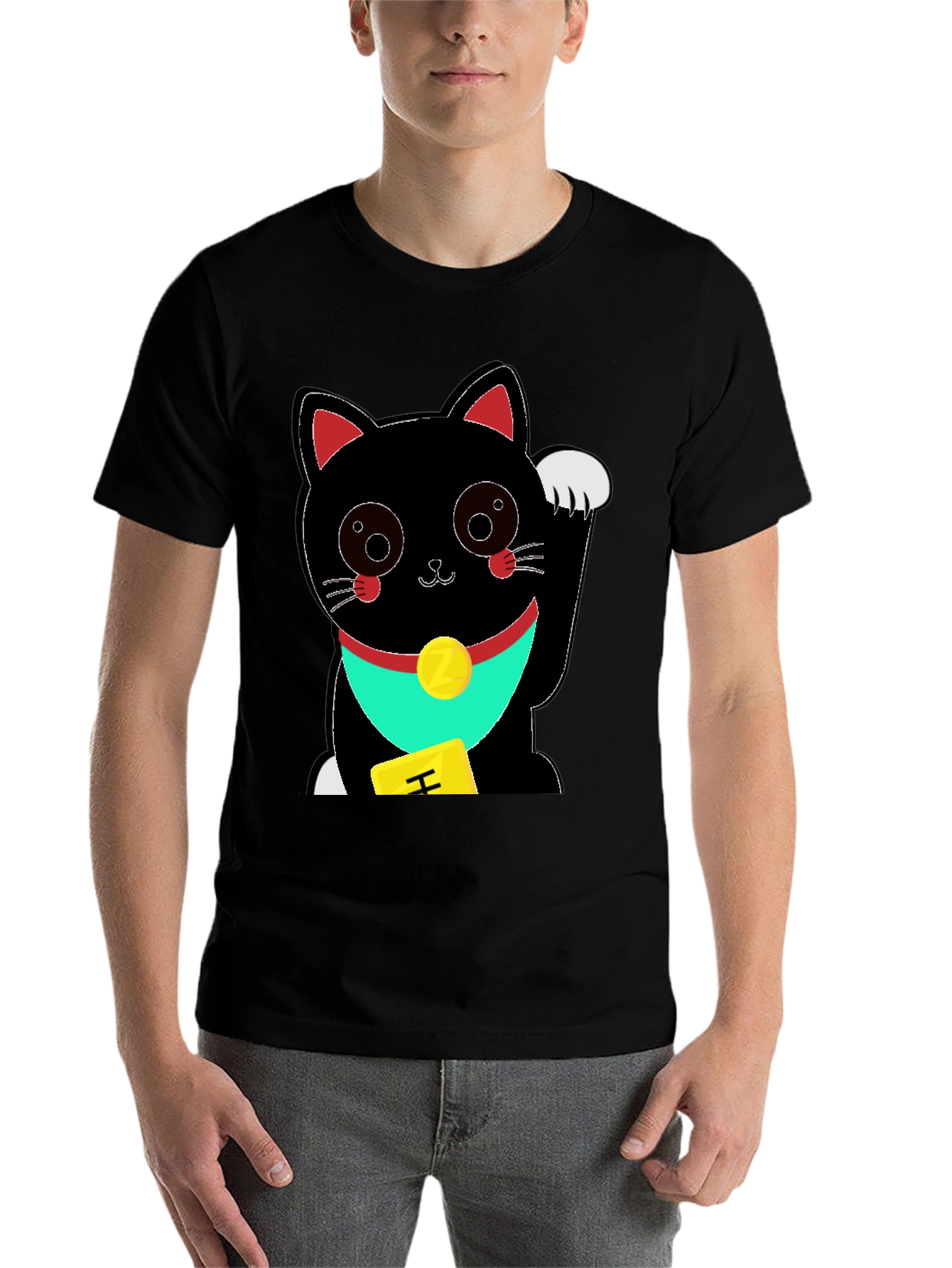 Black Lucky Cat Graphic Tee - Soft Black Cotton T-Shirt view 7