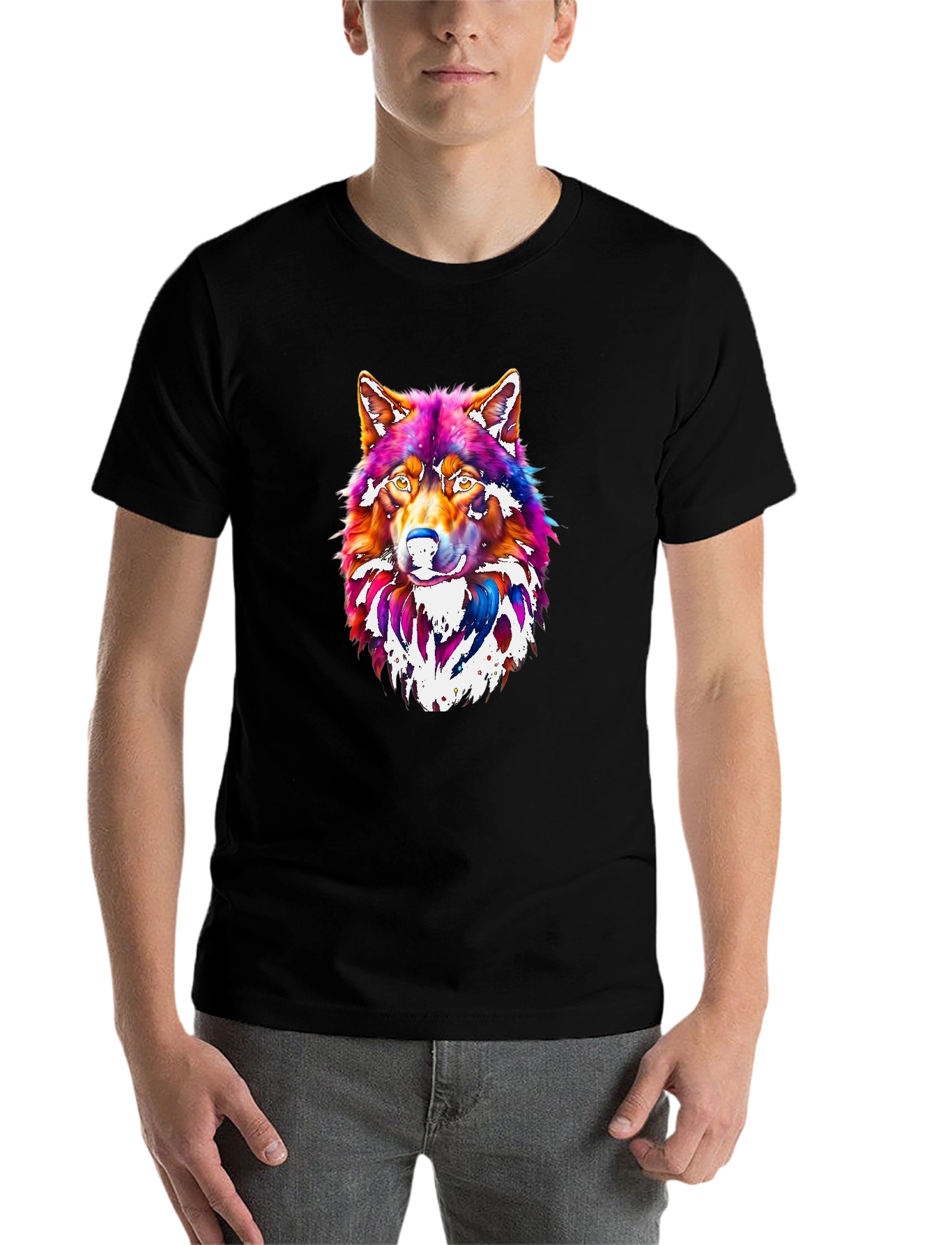 Black Vibrant Wolf Graphic Tee - Men's Black T-Shirt view 7