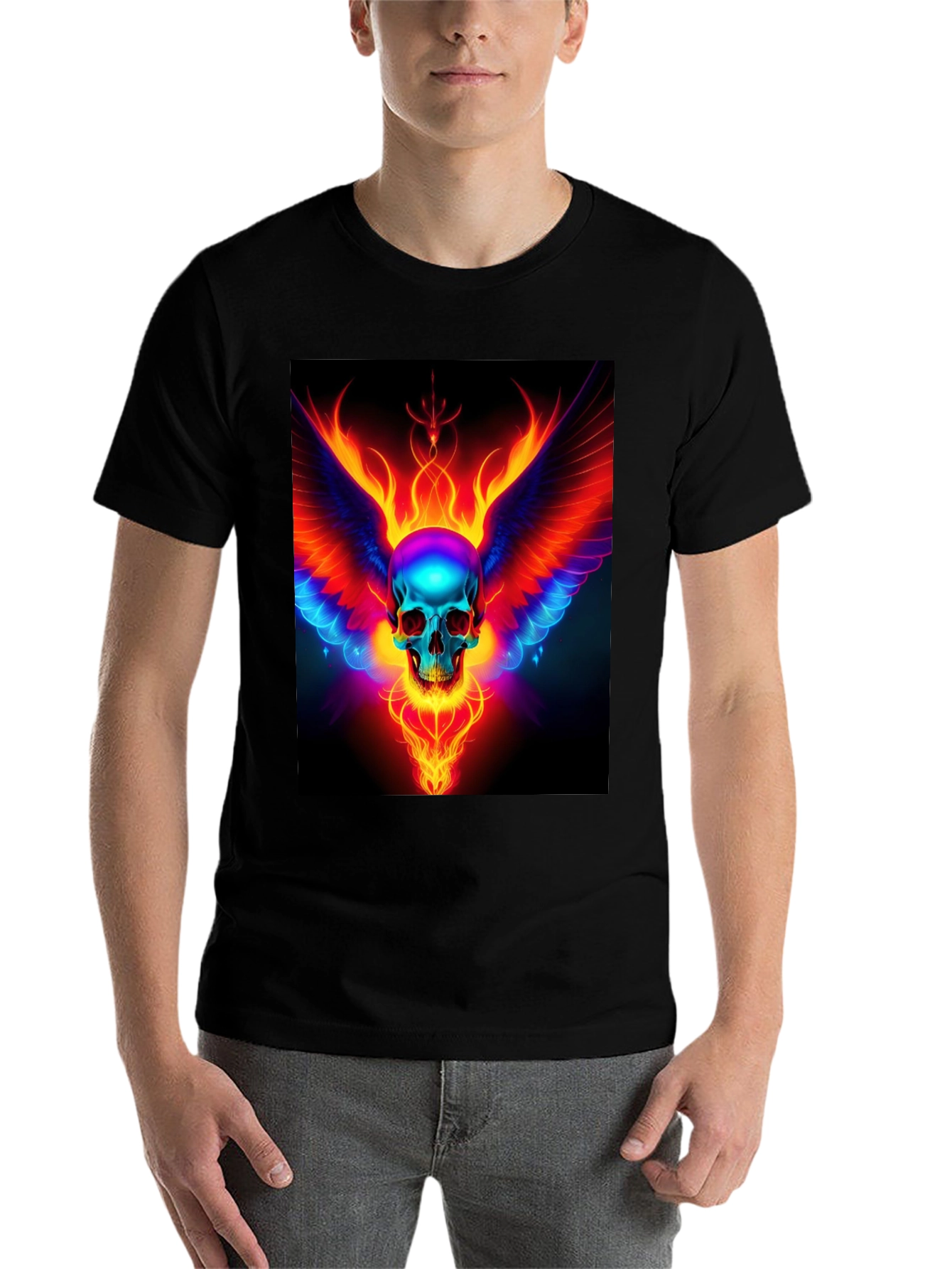 Black Flaming Skull Wings Graphic Black T-Shirt view 7