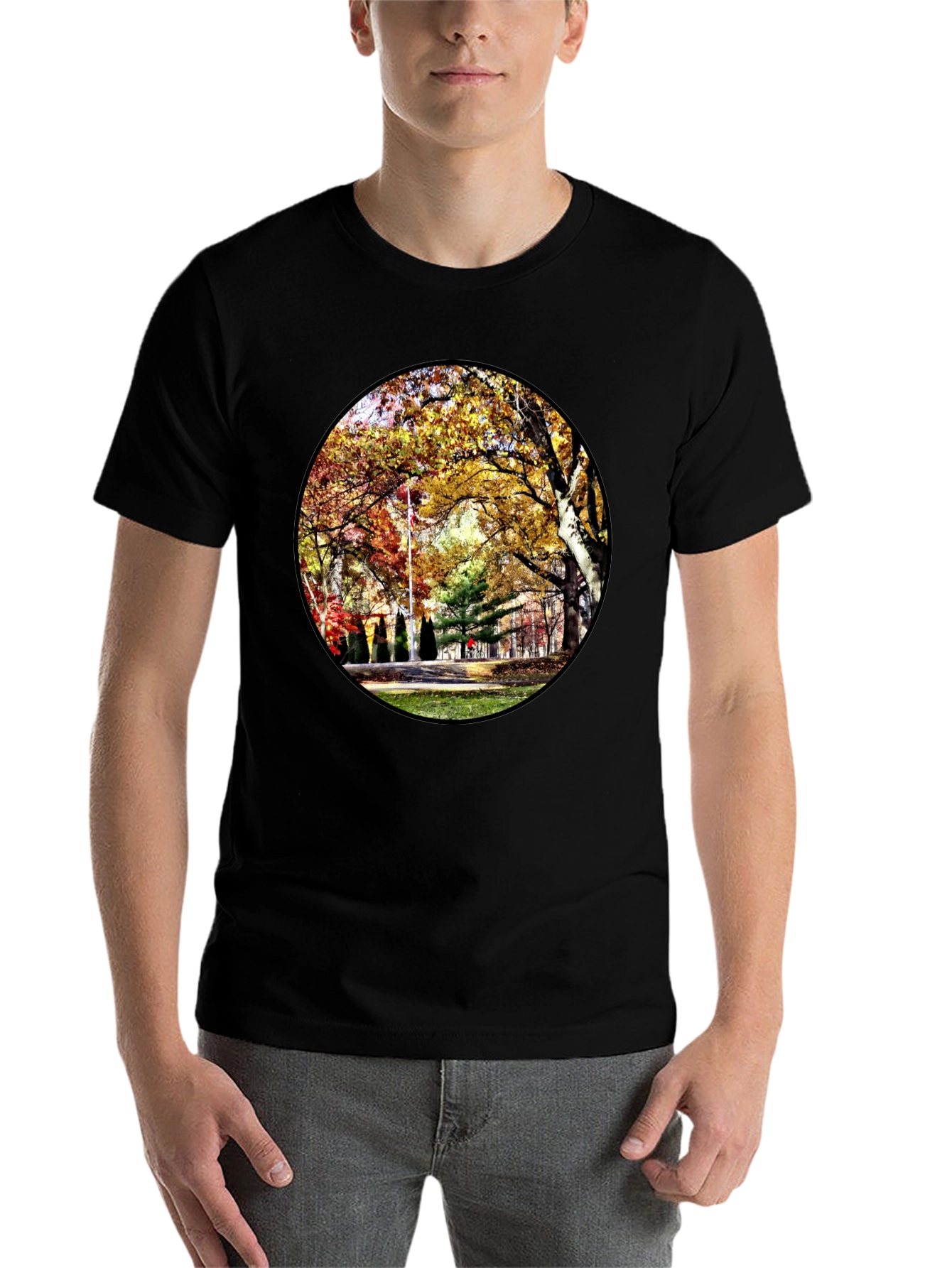 Black Autumn Park Scene Black T-Shirt view 7