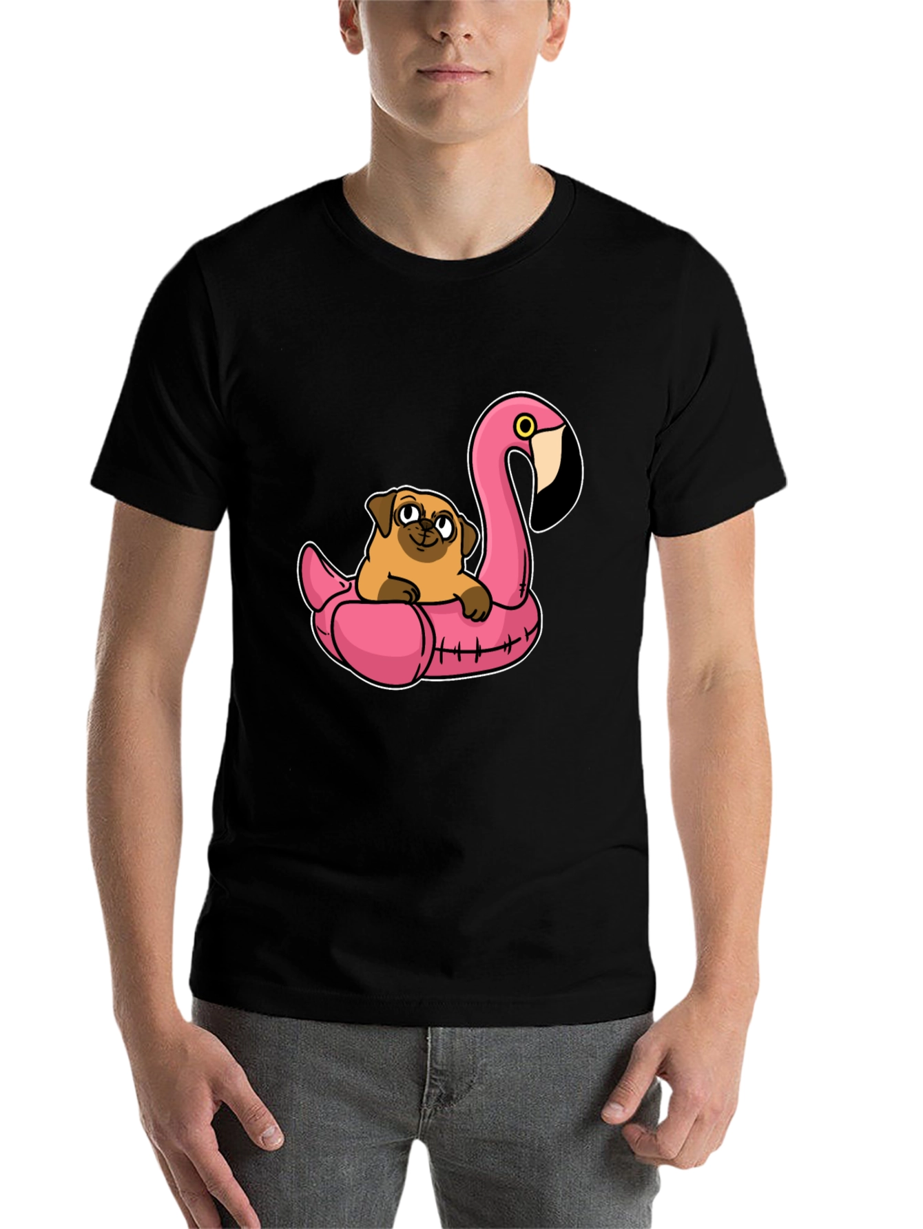 Black Pug on Flamingo Float T-Shirt view 7