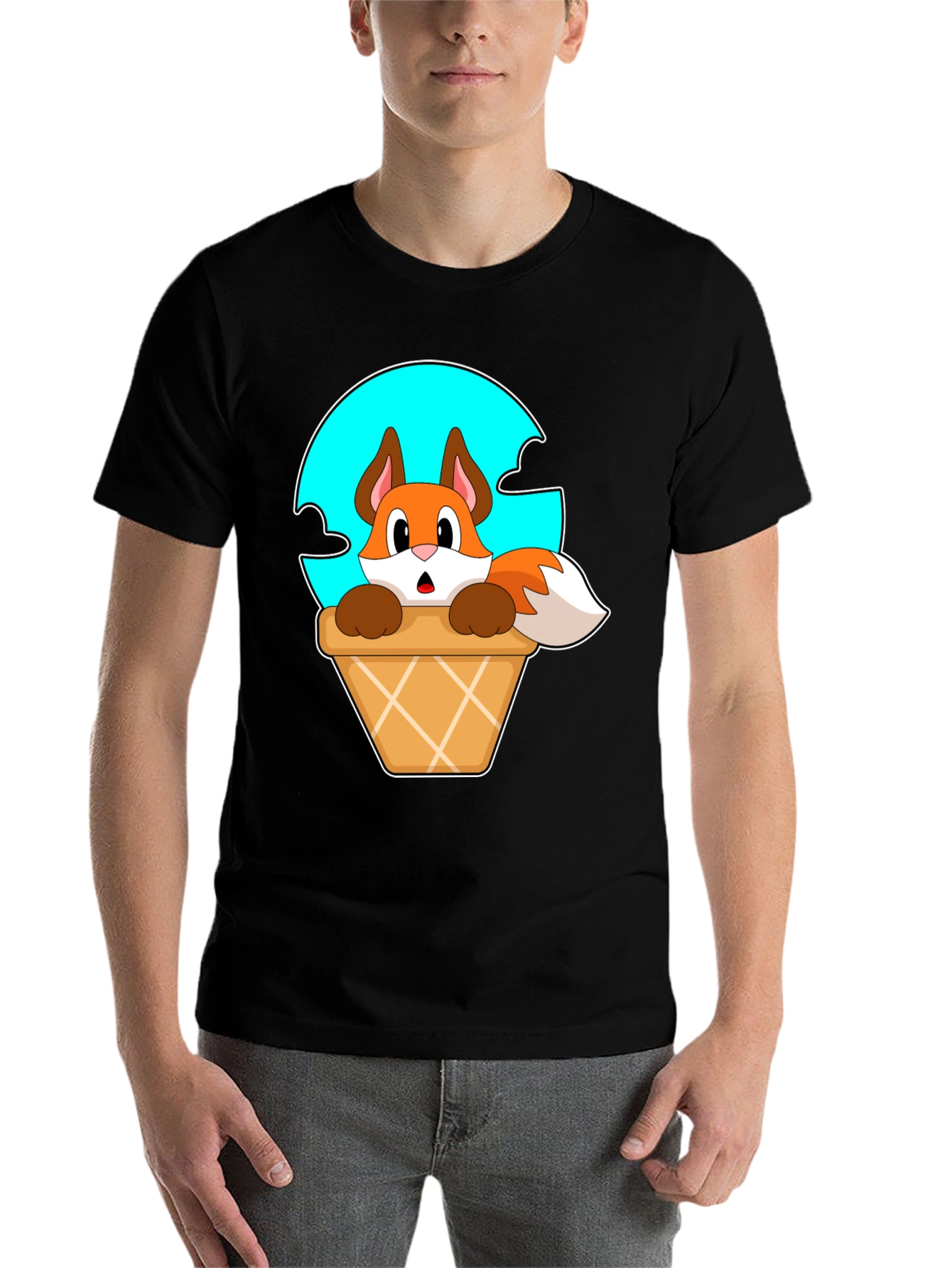 Black Fox in Ice Cream Cone T-Shirt - Cartoon Animal Tee view 7