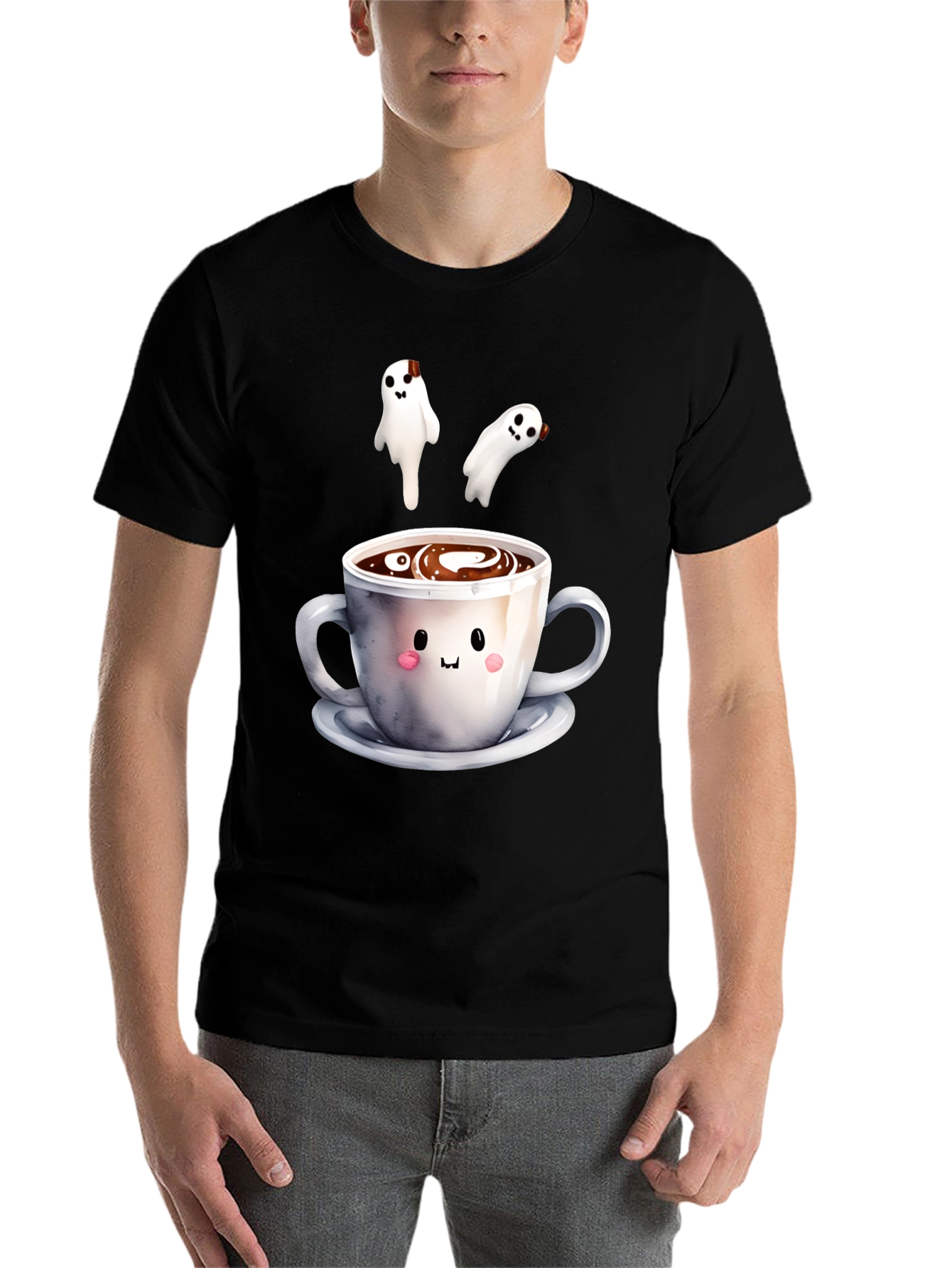Black Cute Ghost Coffee T-Shirt, Spooky Season Apparel view 7