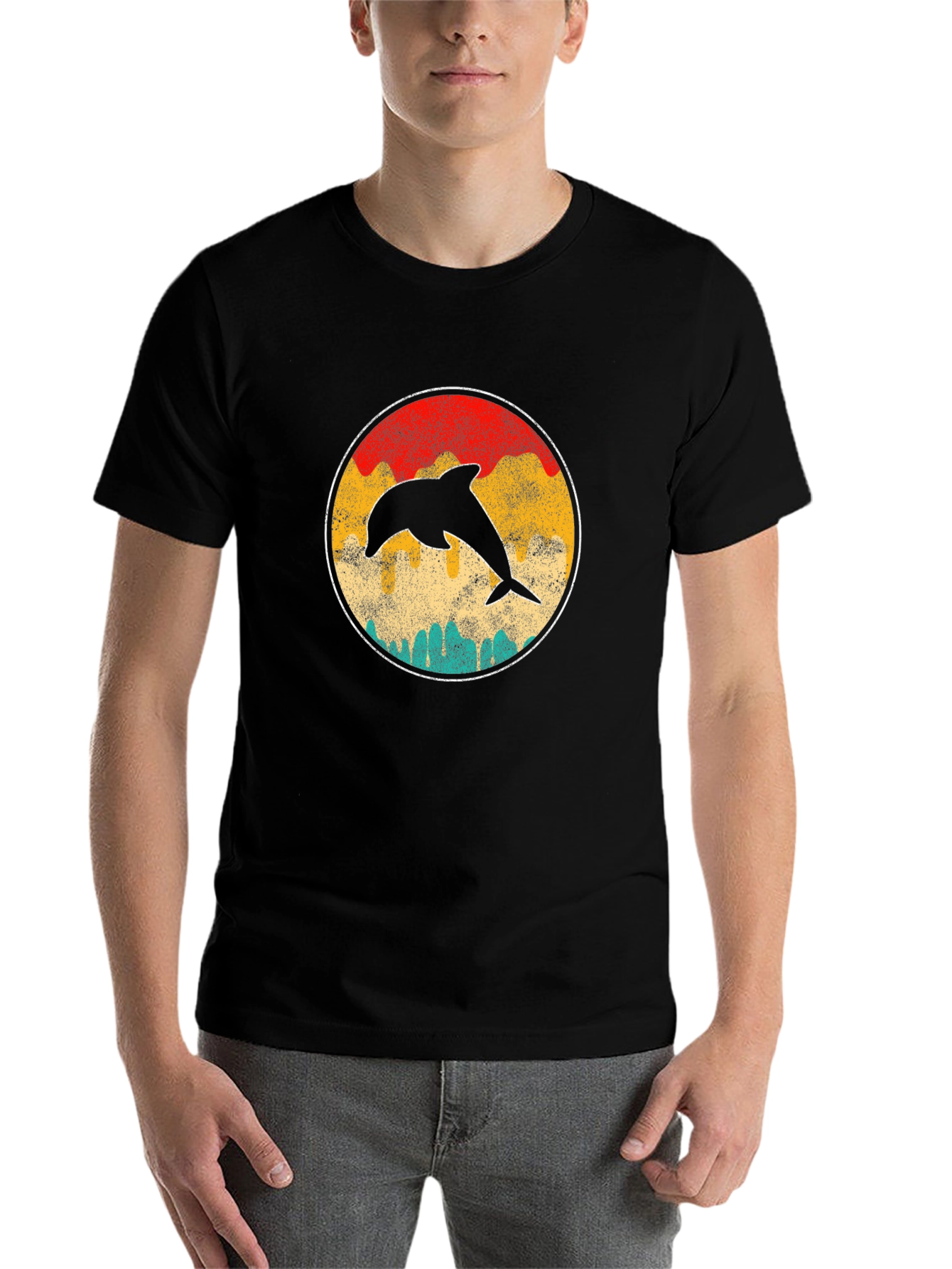 Black Retro Dolphin Sunset T-Shirt - Classic Design view 7