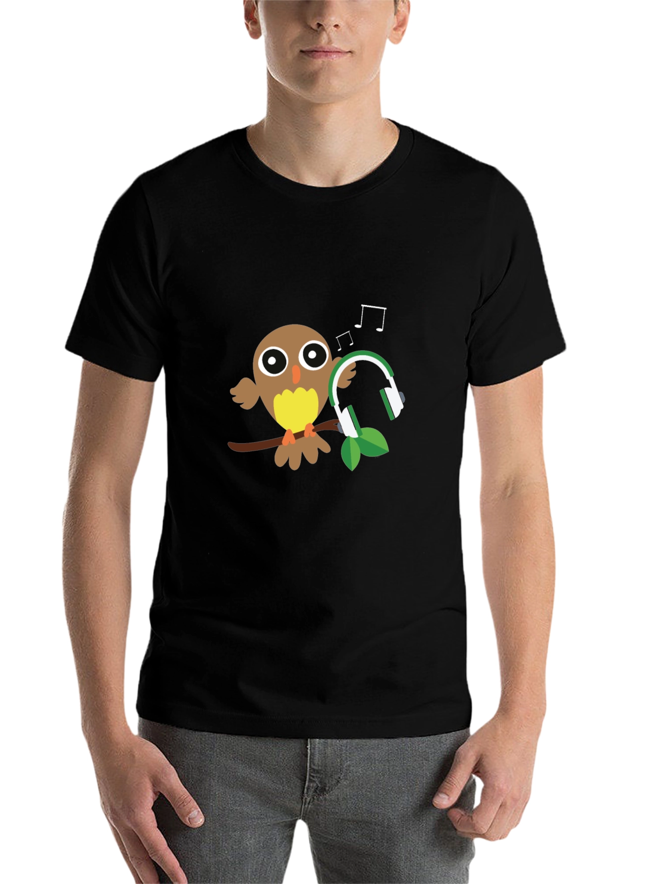 Black Owl with Headphones Graphic T-Shirt view 7