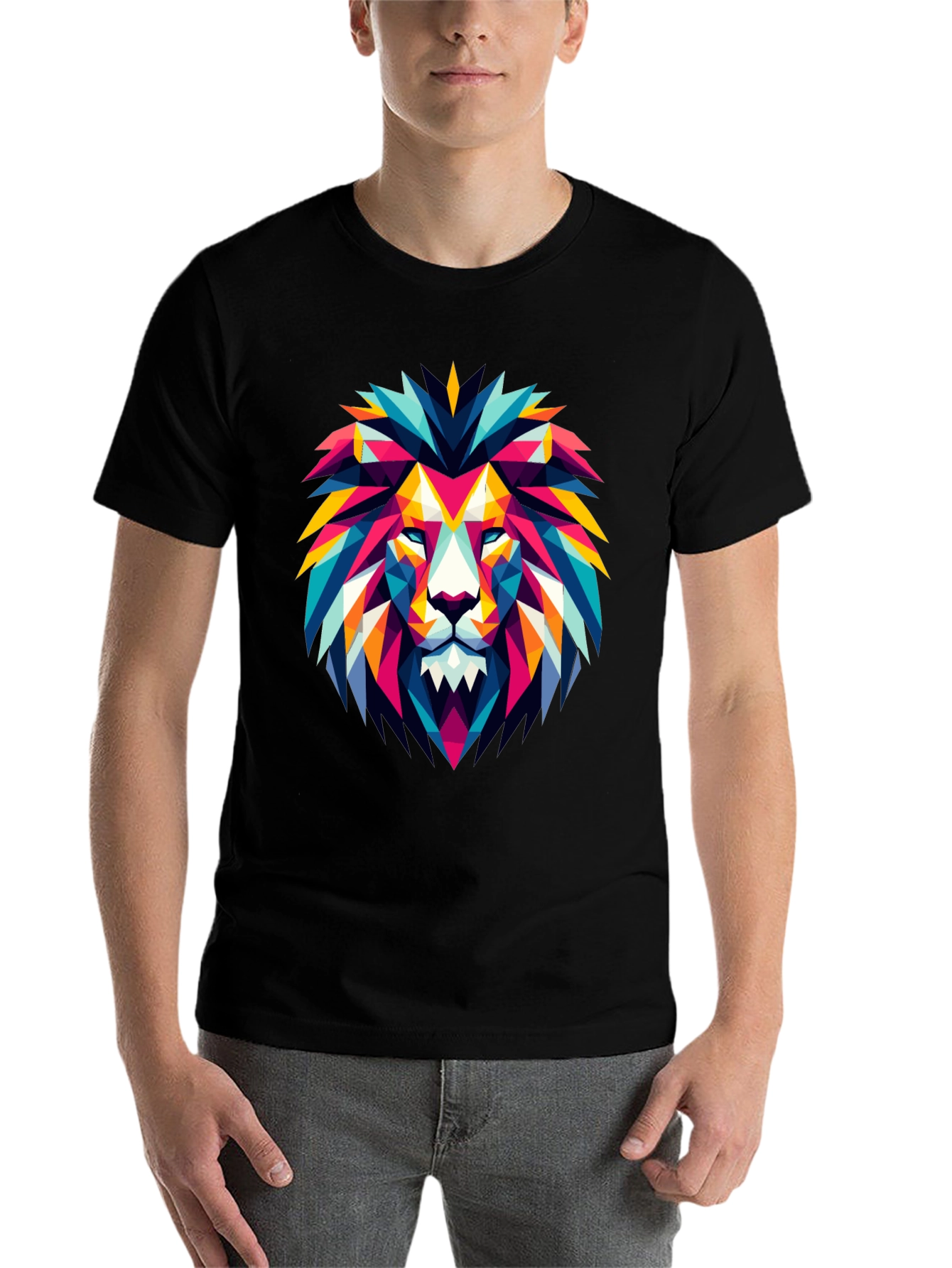 Black Geometric Lion Graphic Black T-Shirt view 7