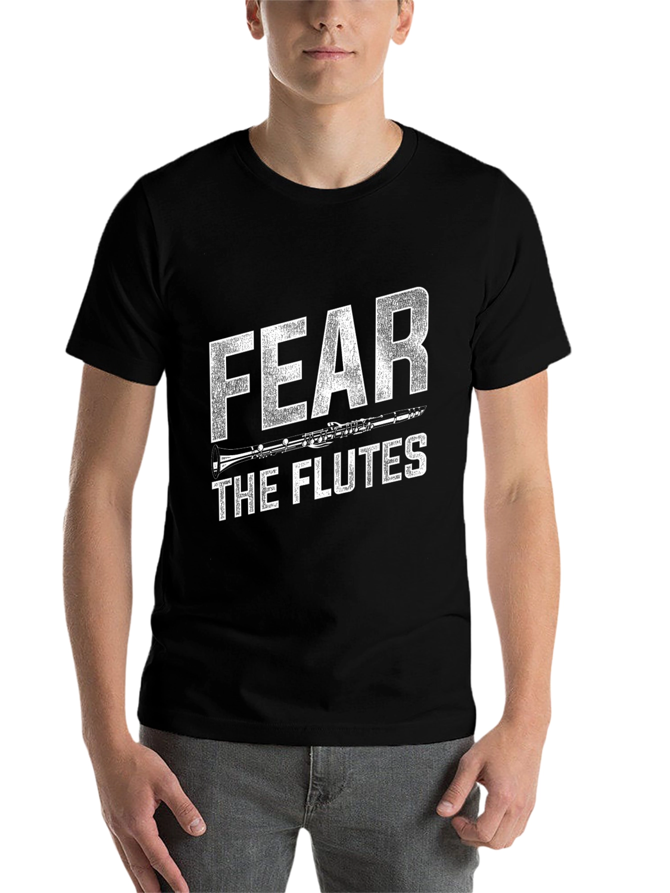 Black Fear the Flutes Funny Music T-Shirt view 7