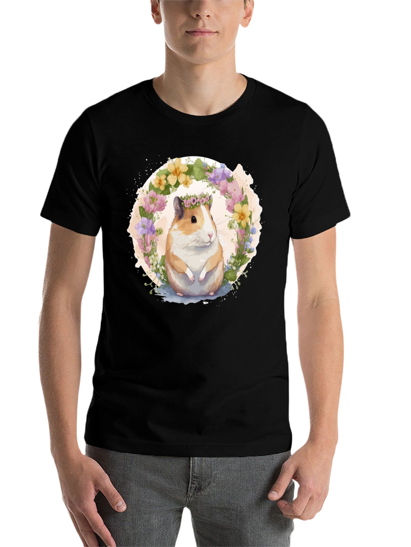 Black Guinea Pig Floral Wreath Graphic Tee view 7