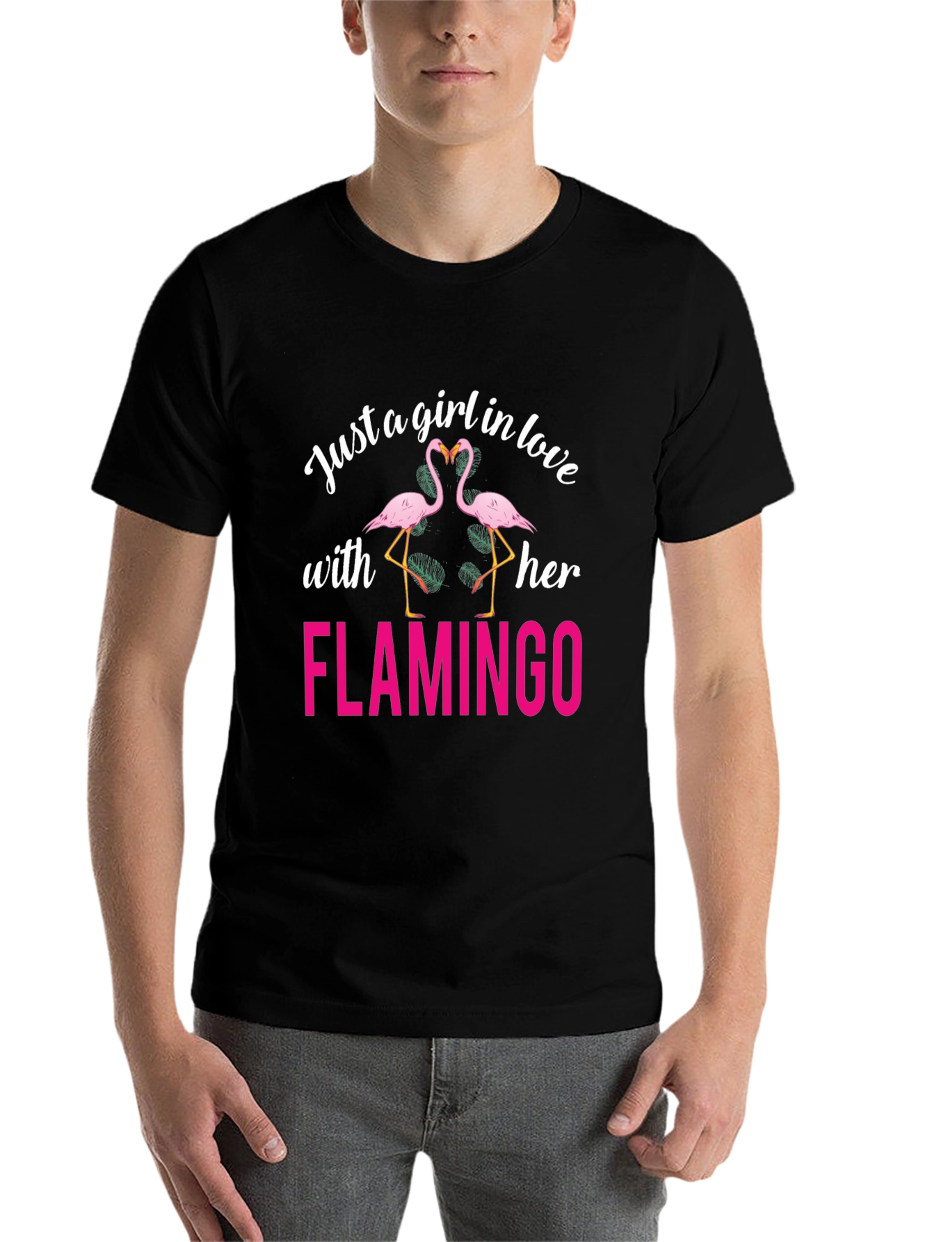 Black Just a Girl in Love with Her Flamingo T-Shirt view 7