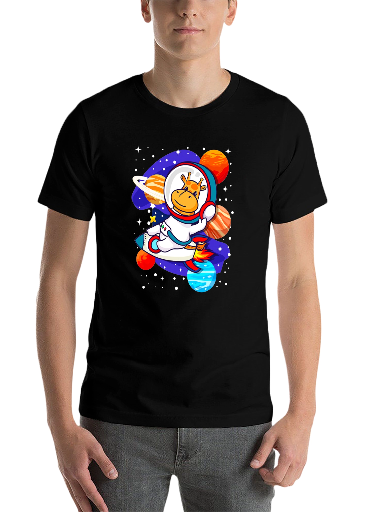 Black Giraffe Astronaut T-Shirt - Space Adventure Design view 7