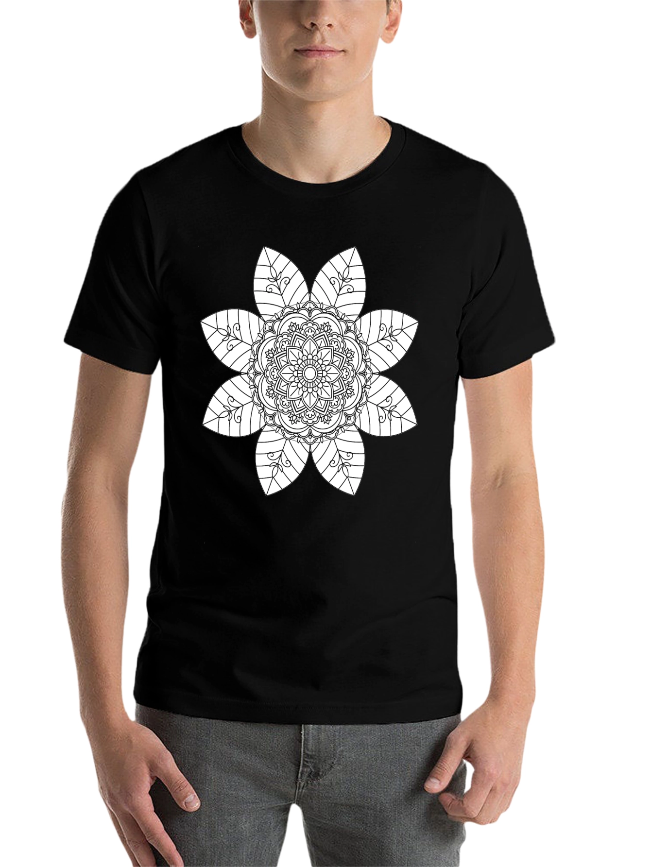 Black Mandala Flower Black T-Shirt view 7