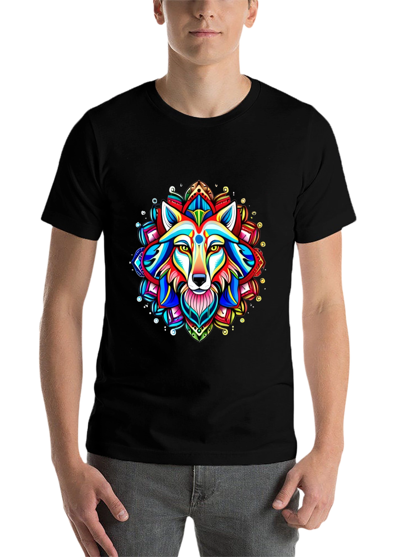 Black Vibrant Wolf Mandala Graphic Tee view 7