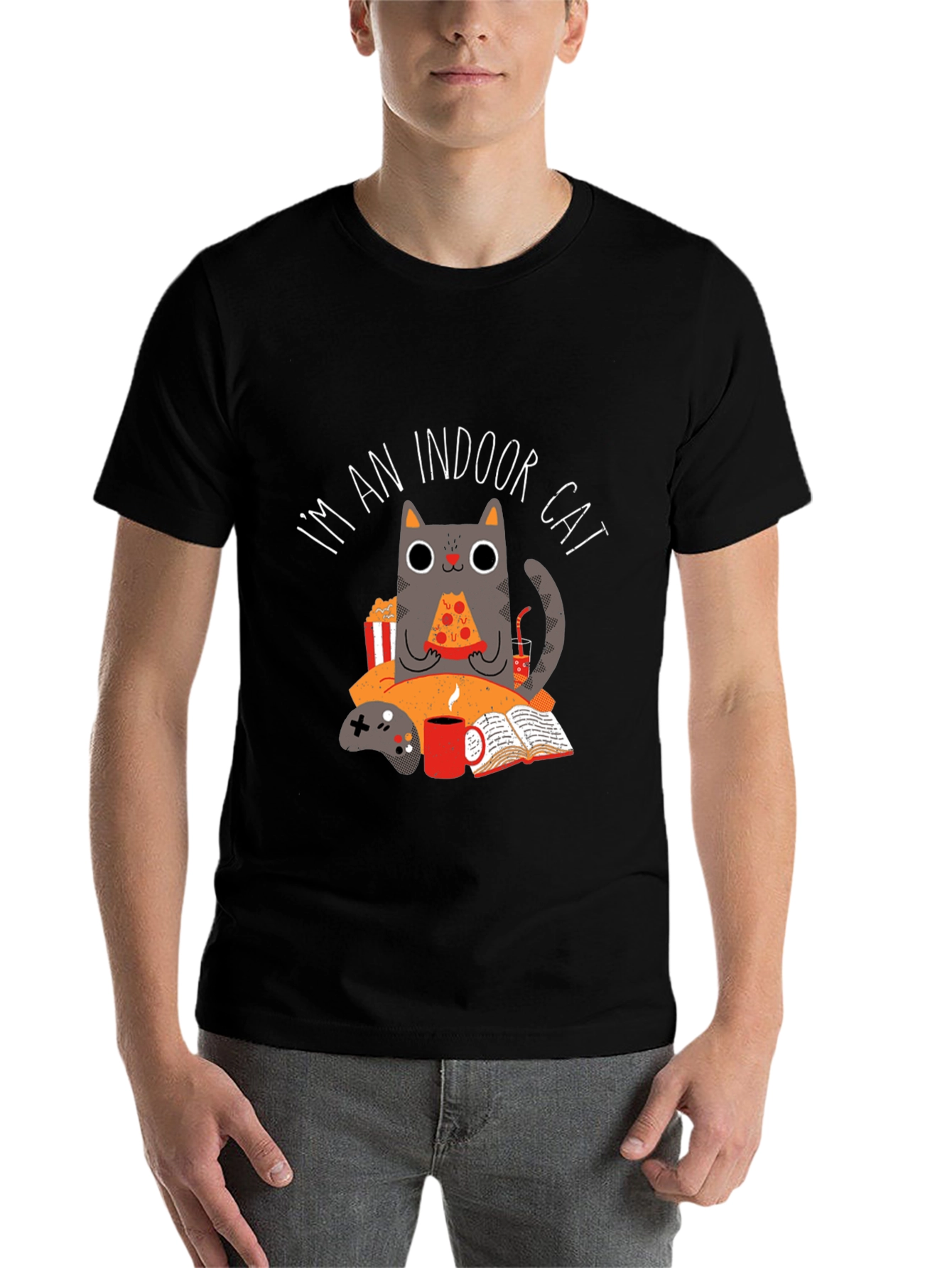 Black Indoor Cat T-Shirt - Gamer & Pizza Lover view 7
