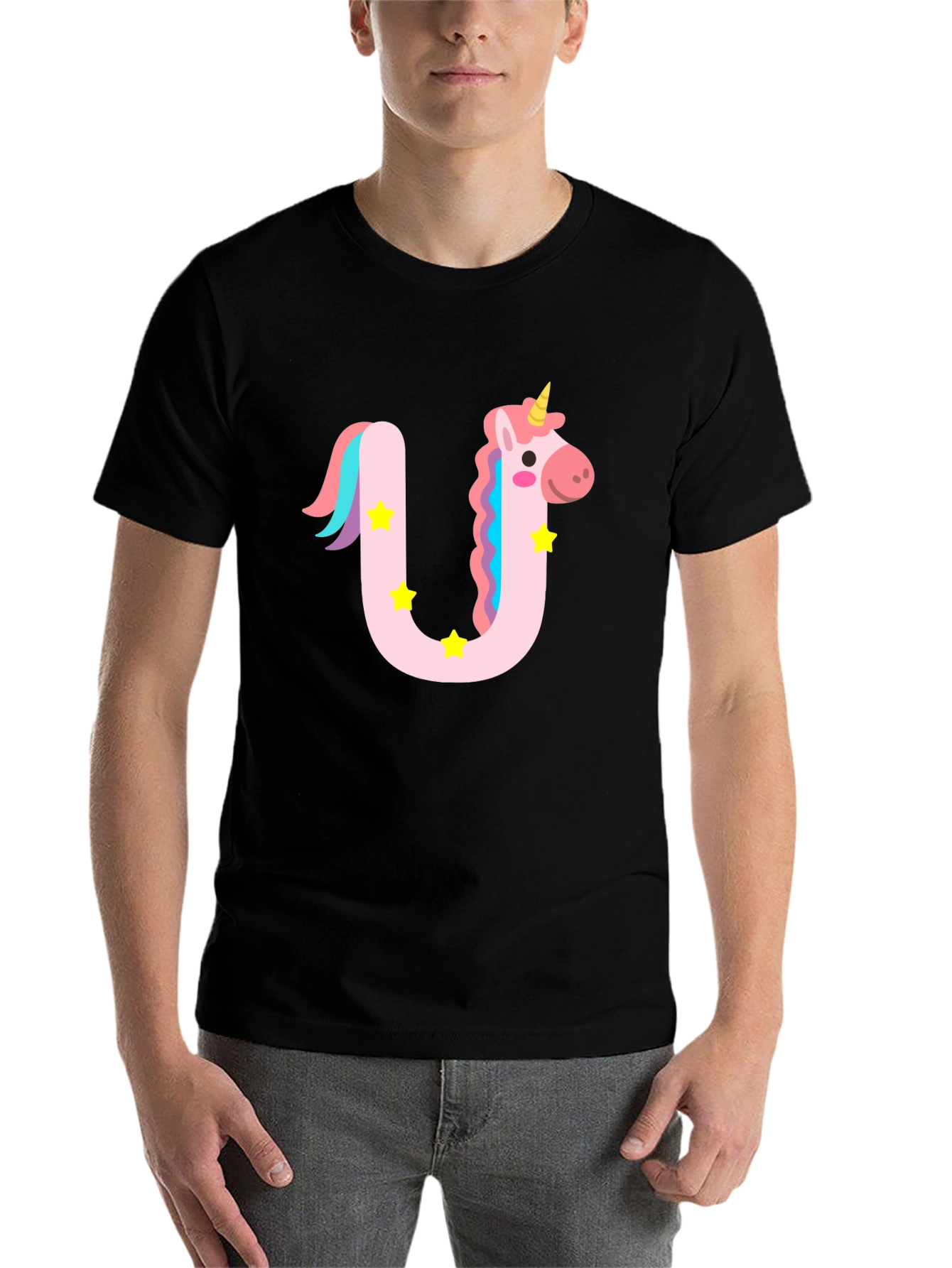 Black Unicorn Letter U Graphic Tee - Kids and Adults view 7