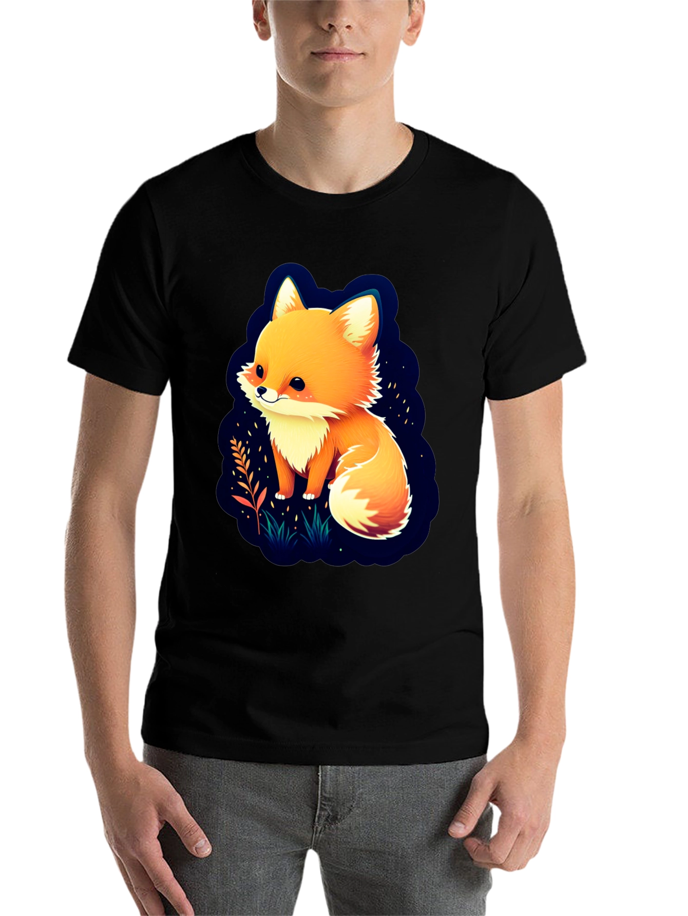 Black Cute Fox Graphic Tee - Soft Cotton Blend view 7