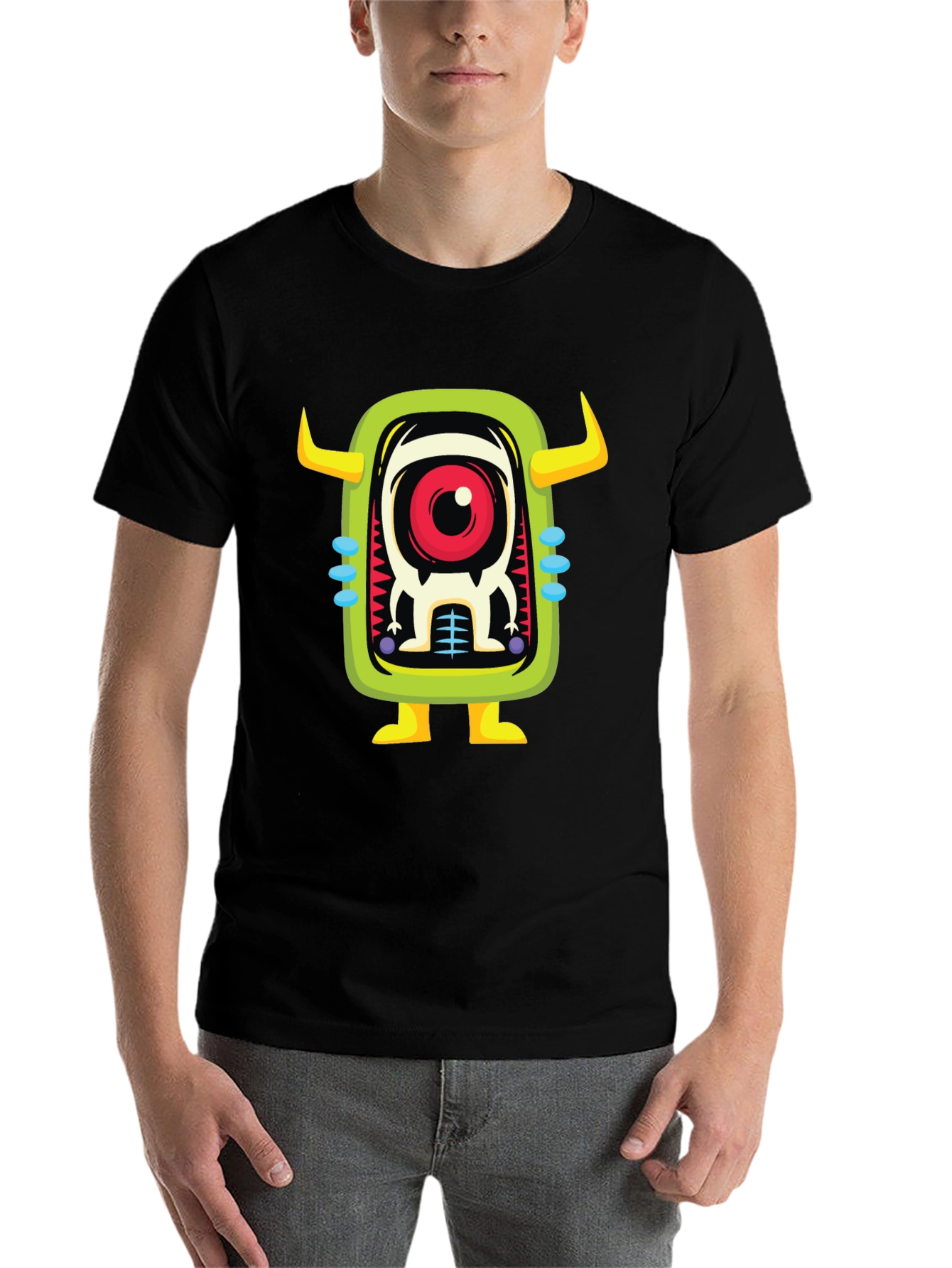 Black Cartoon Monster Graphic Print Black T-Shirt view 7