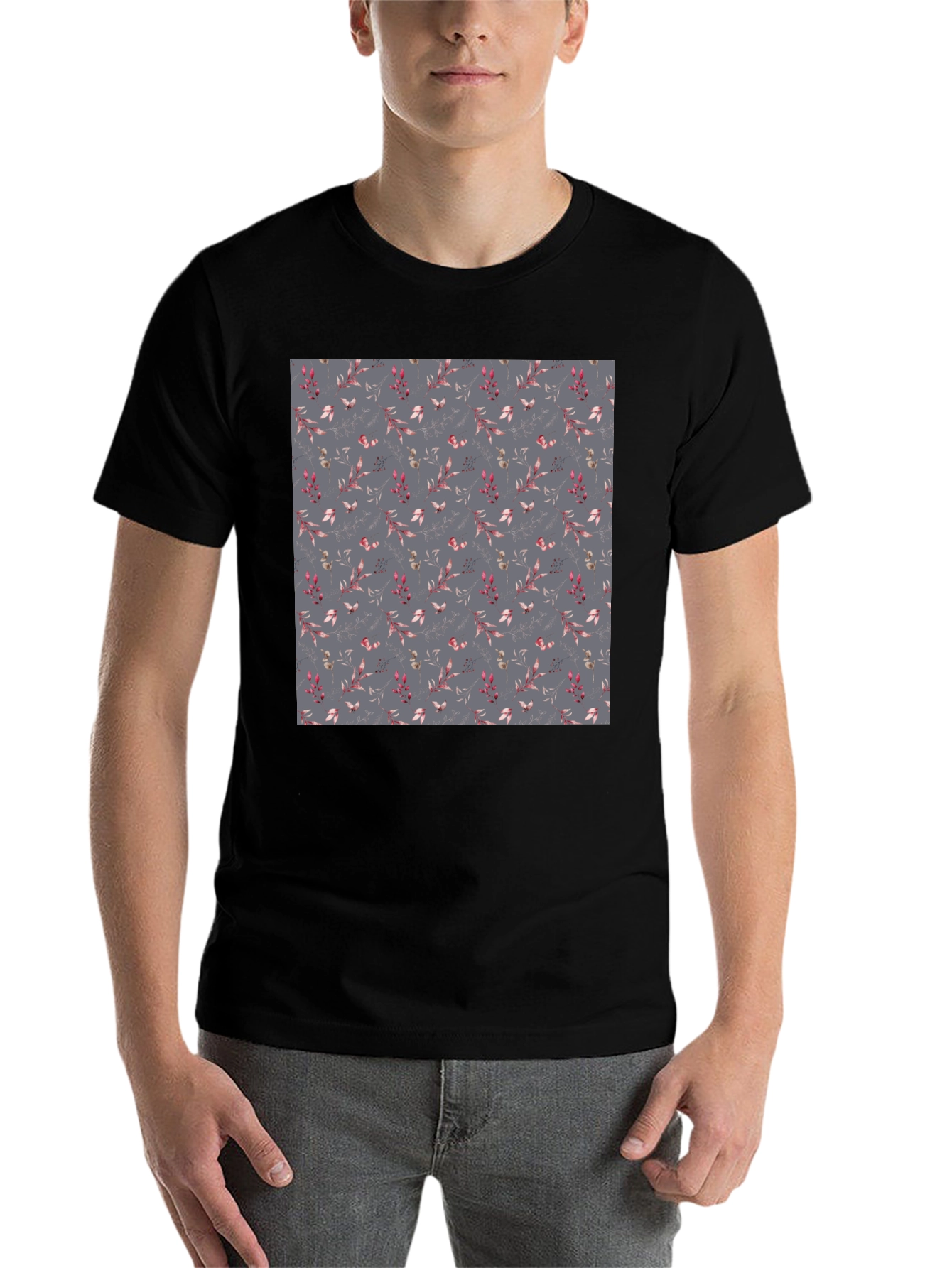 Black Floral Patterned Black T-Shirt for Men view 7
