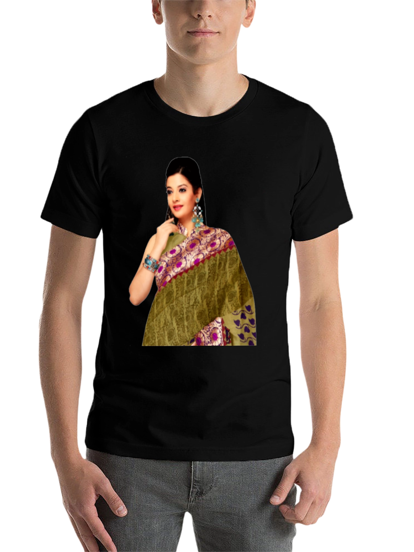 Black Black T-Shirt with Saree Print view 7