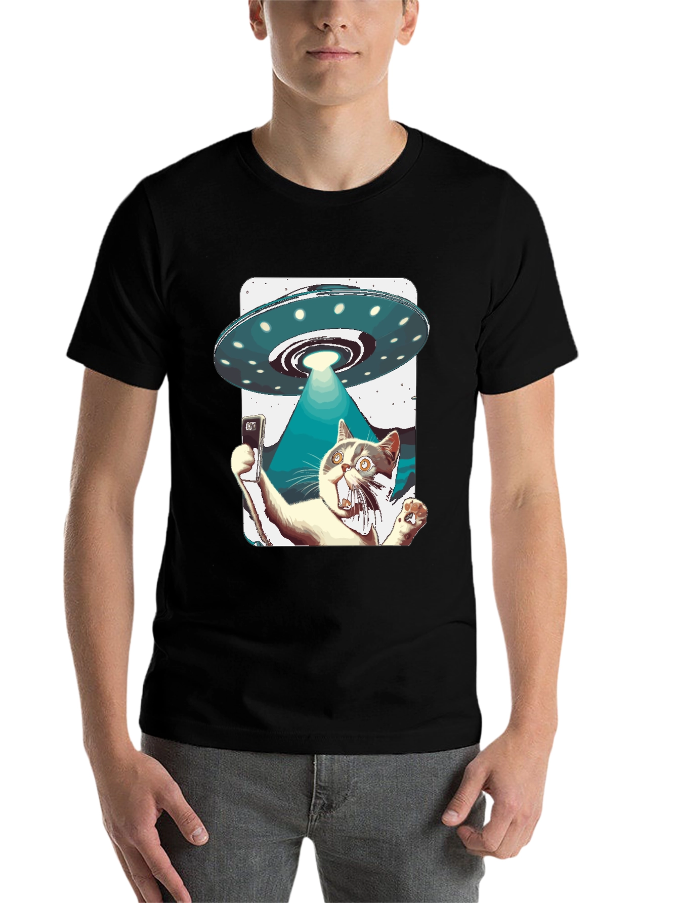 Black Alien Abduction Cat Selfie T-Shirt view 7