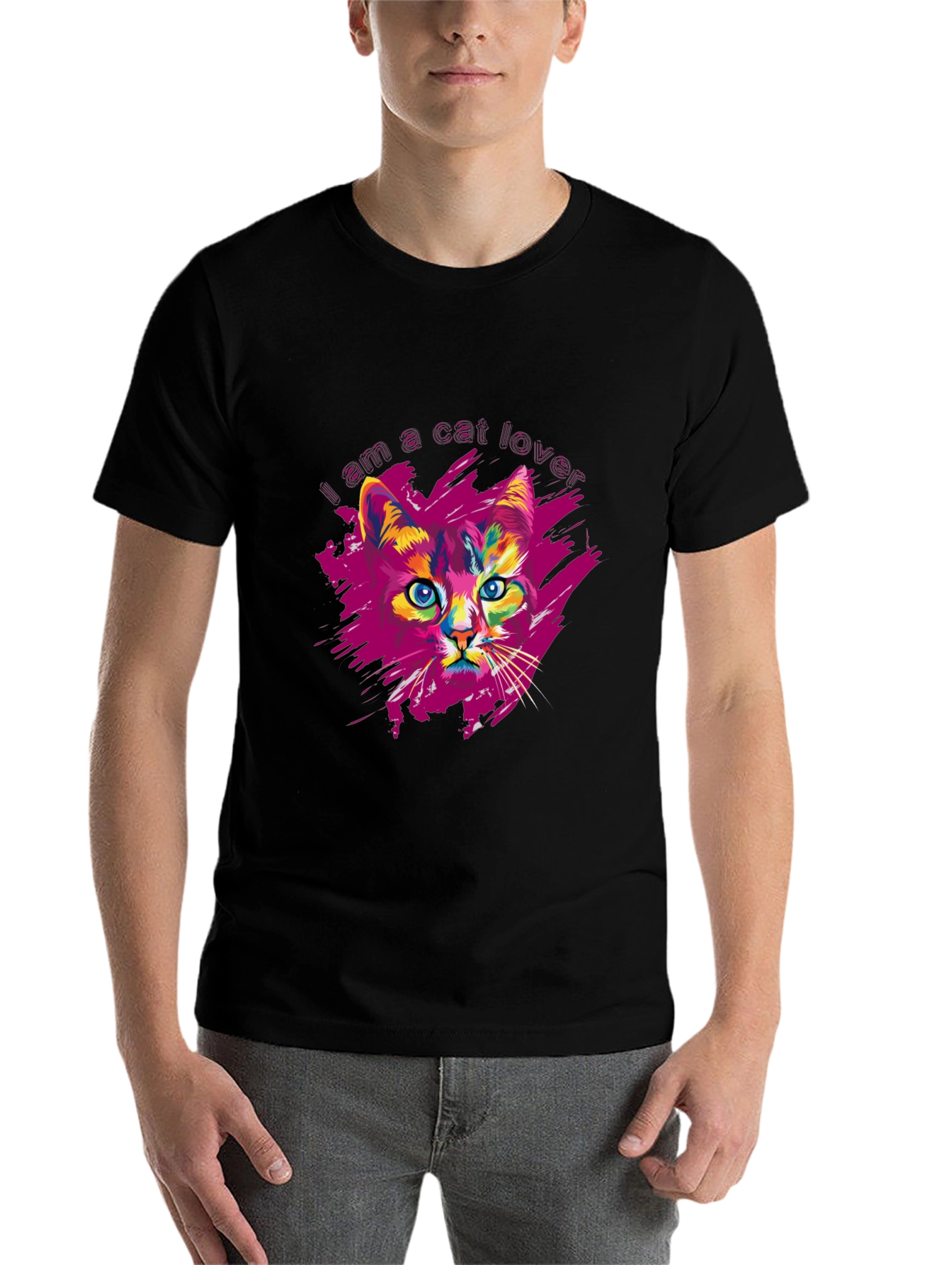 Black Vibrant Cat Lover Graphic Print Black T-Shirt view 7
