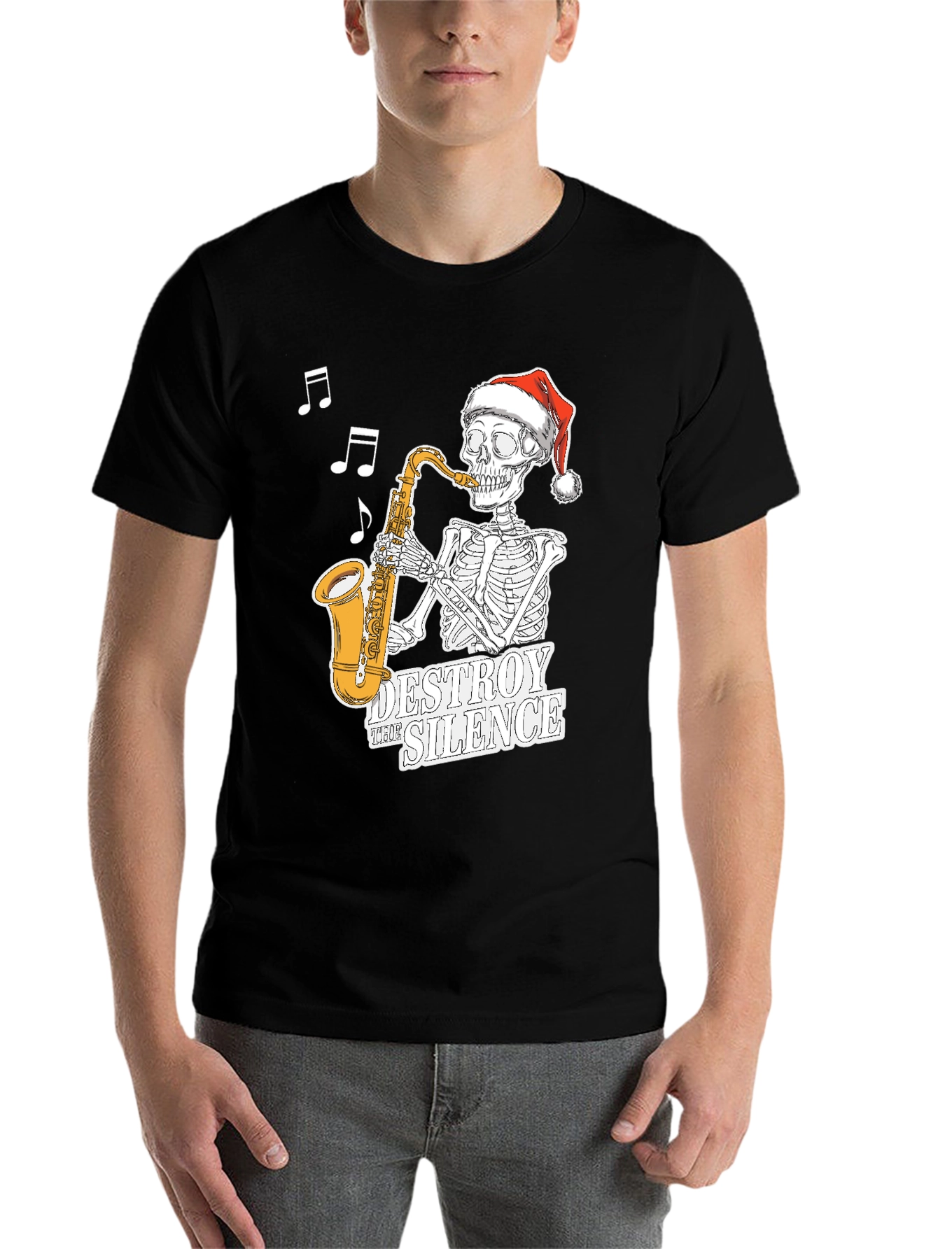 Black Skeleton Santa Saxophone T-Shirt - Destroy the Silence Tee view 7