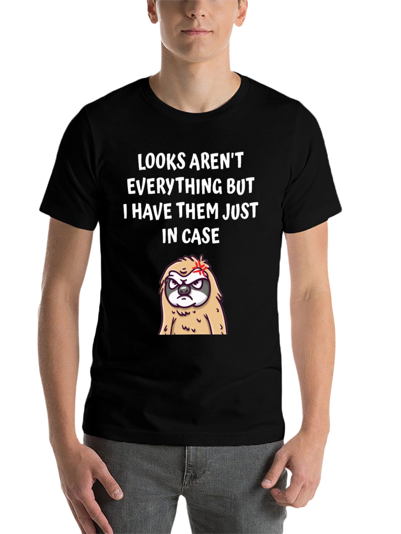Black Funny Sloth Graphic Tee - Looks Aren't Everything T-Shirt view 7