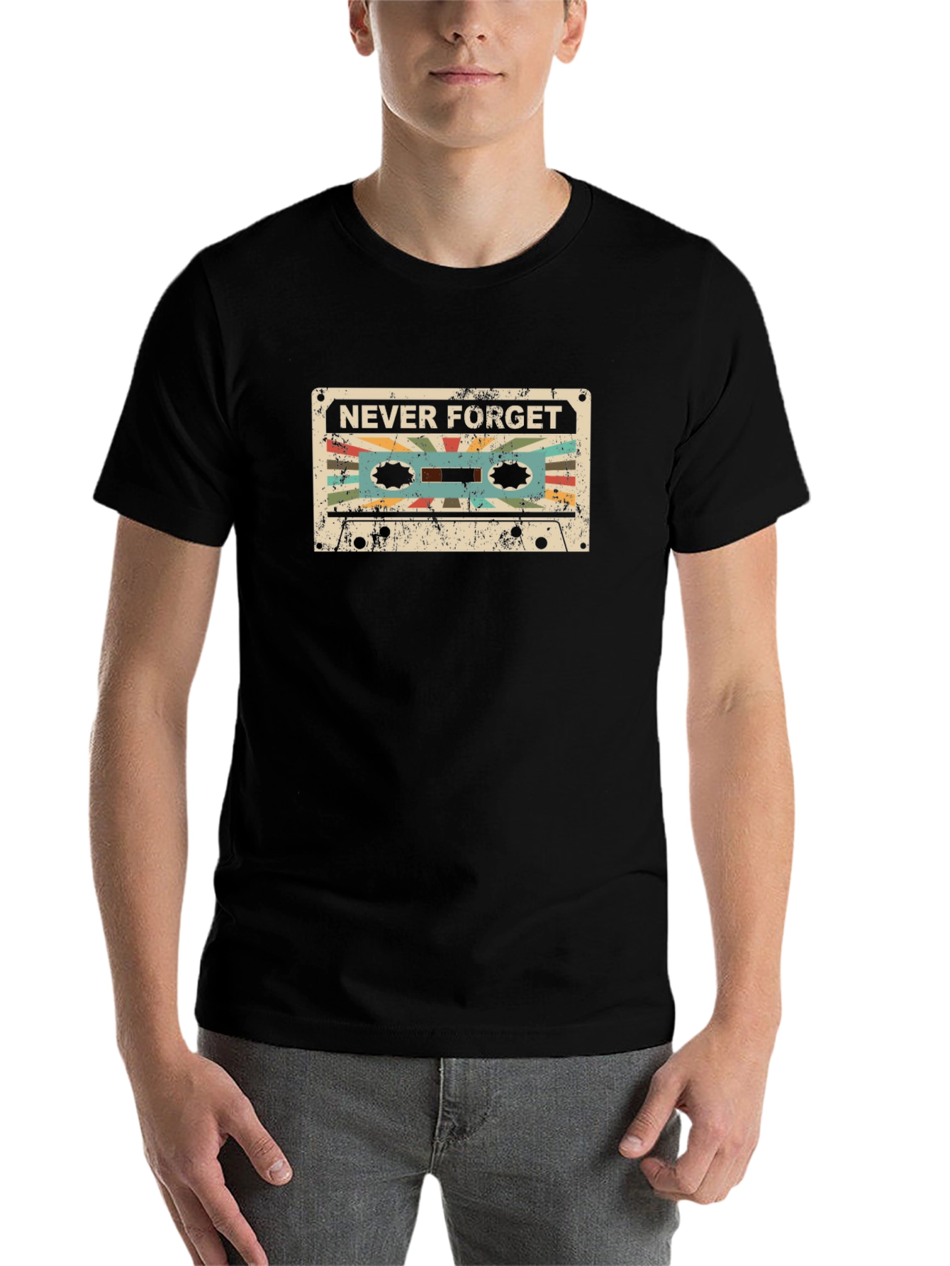 Black Retro Cassette Tape 'Never Forget' Graphic T-Shirt view 7