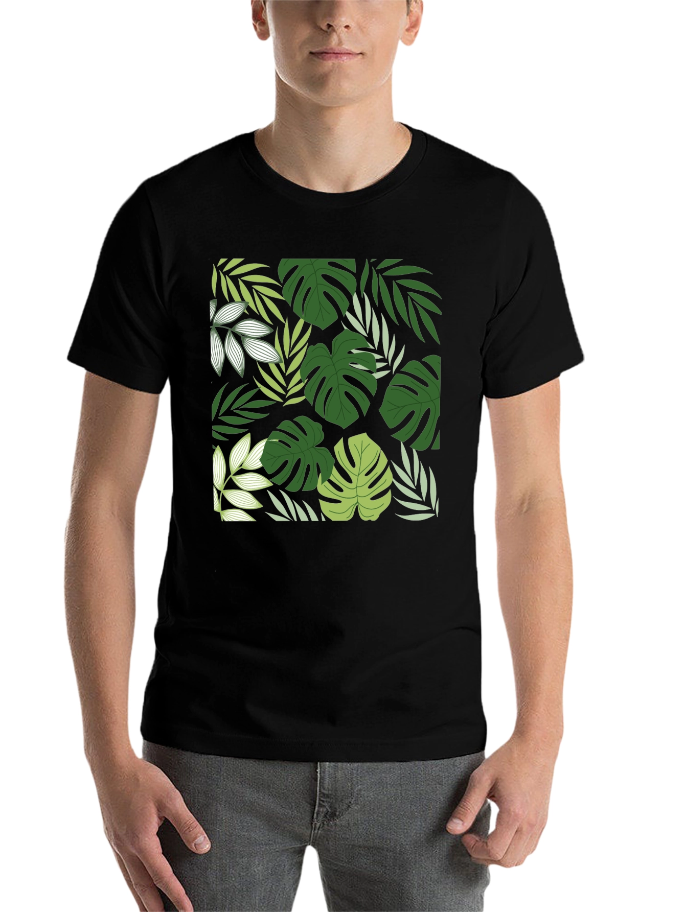 Tropical Leaf Print Black T-Shirt - 7