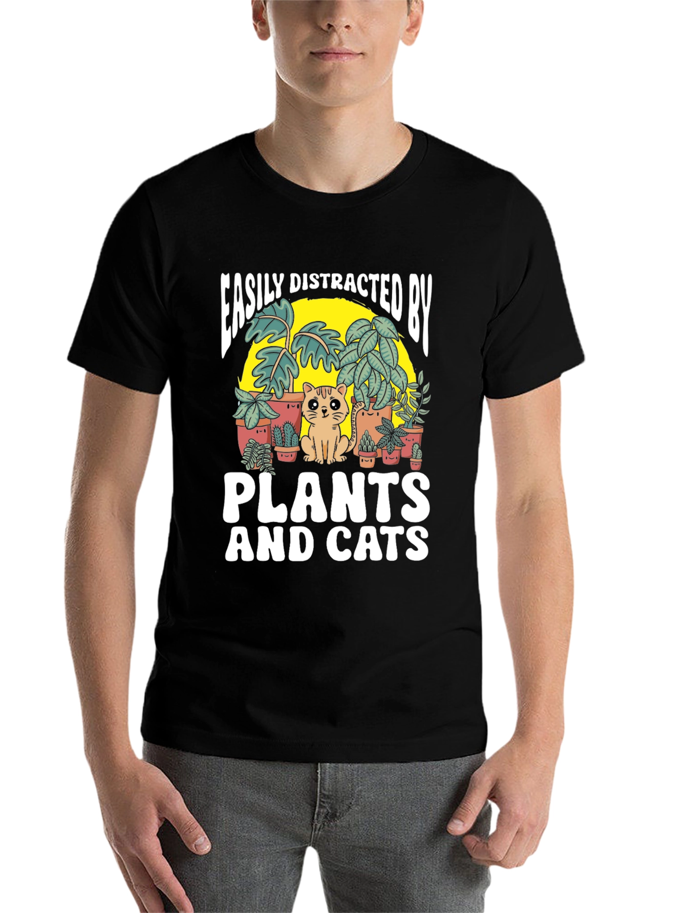 Black Easily Distracted by Plants and Cats T-Shirt view 7
